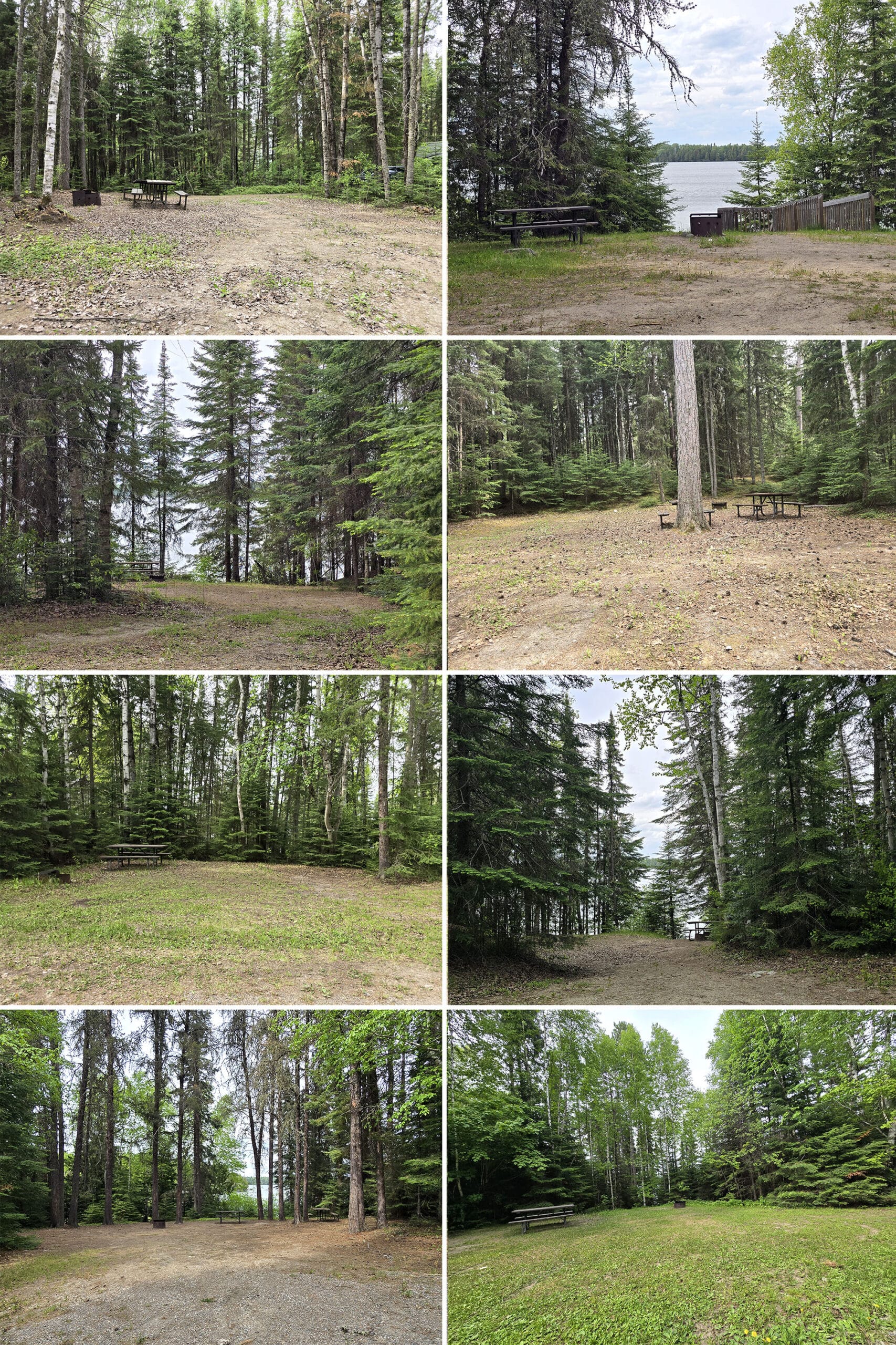 8 part image showing various campsites at Ojibway Provincial Park.