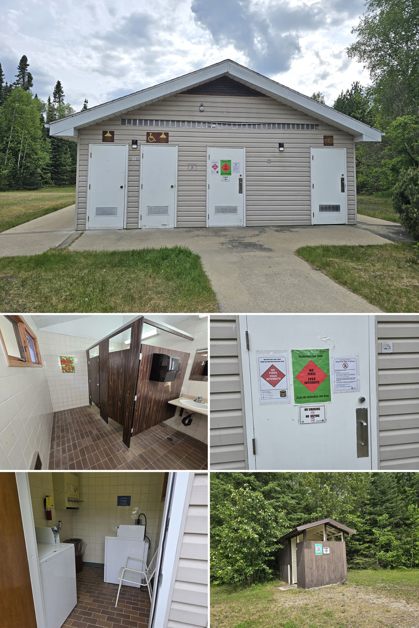 5 part image showing various views of the Ojibway Provincial Park comfort station, as well as one of the vault toilets.