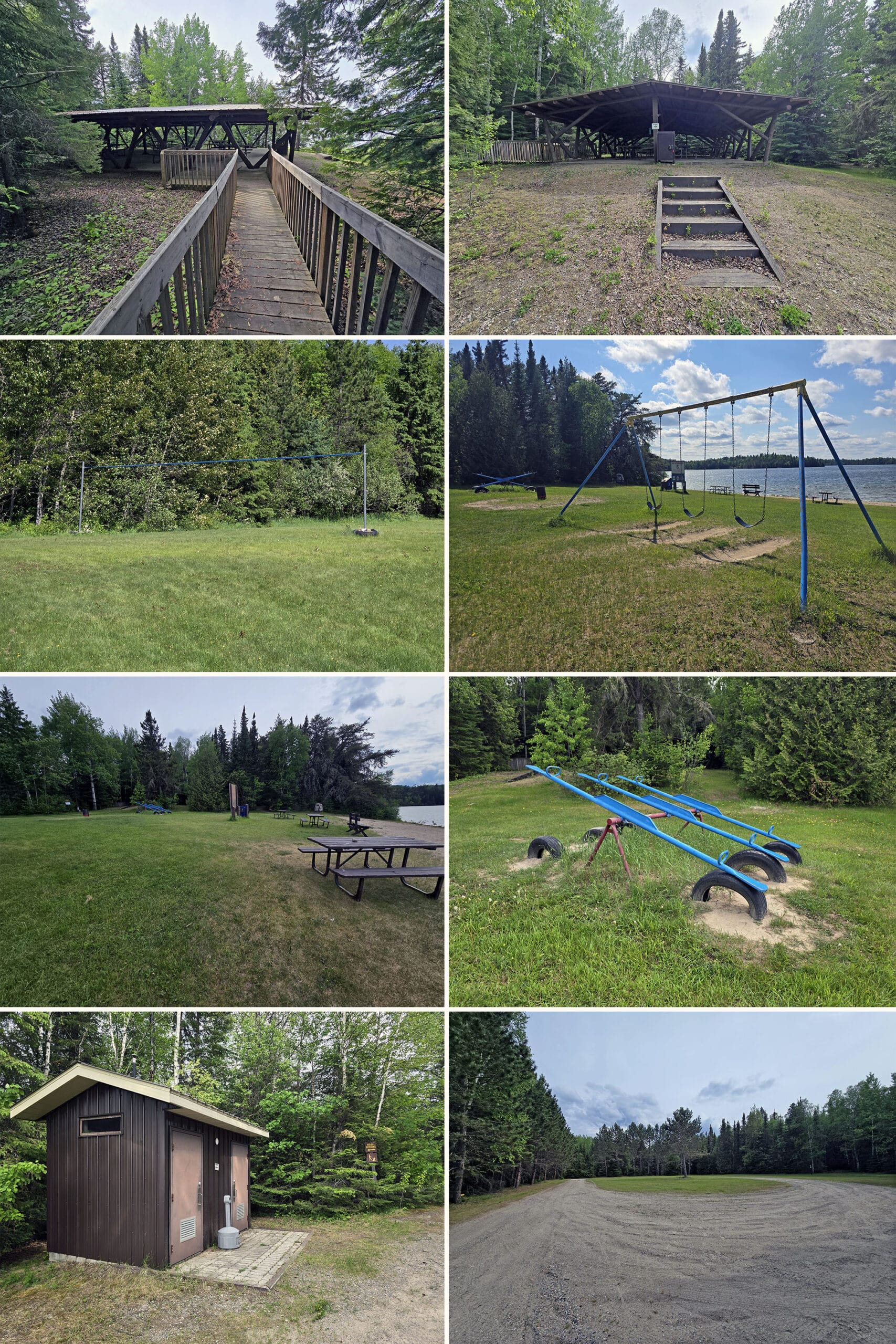 8 part image showing various facets of the day use area at Ojibway Provincial Park.