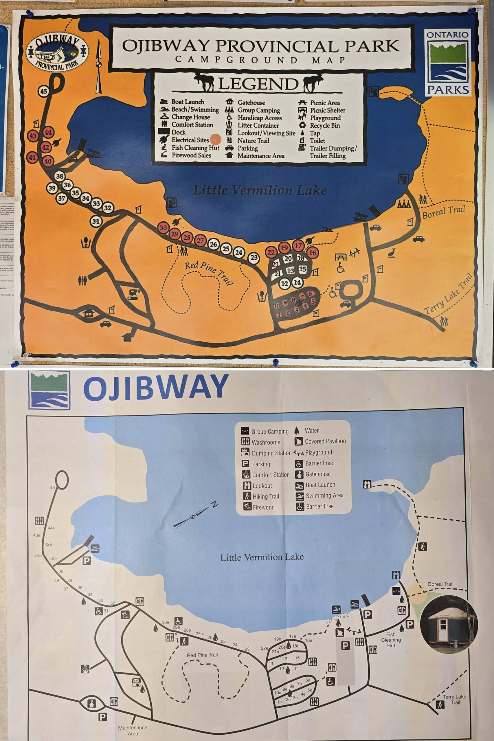 2 part image showing two different renditions of the Ojibway Provincial Park map.