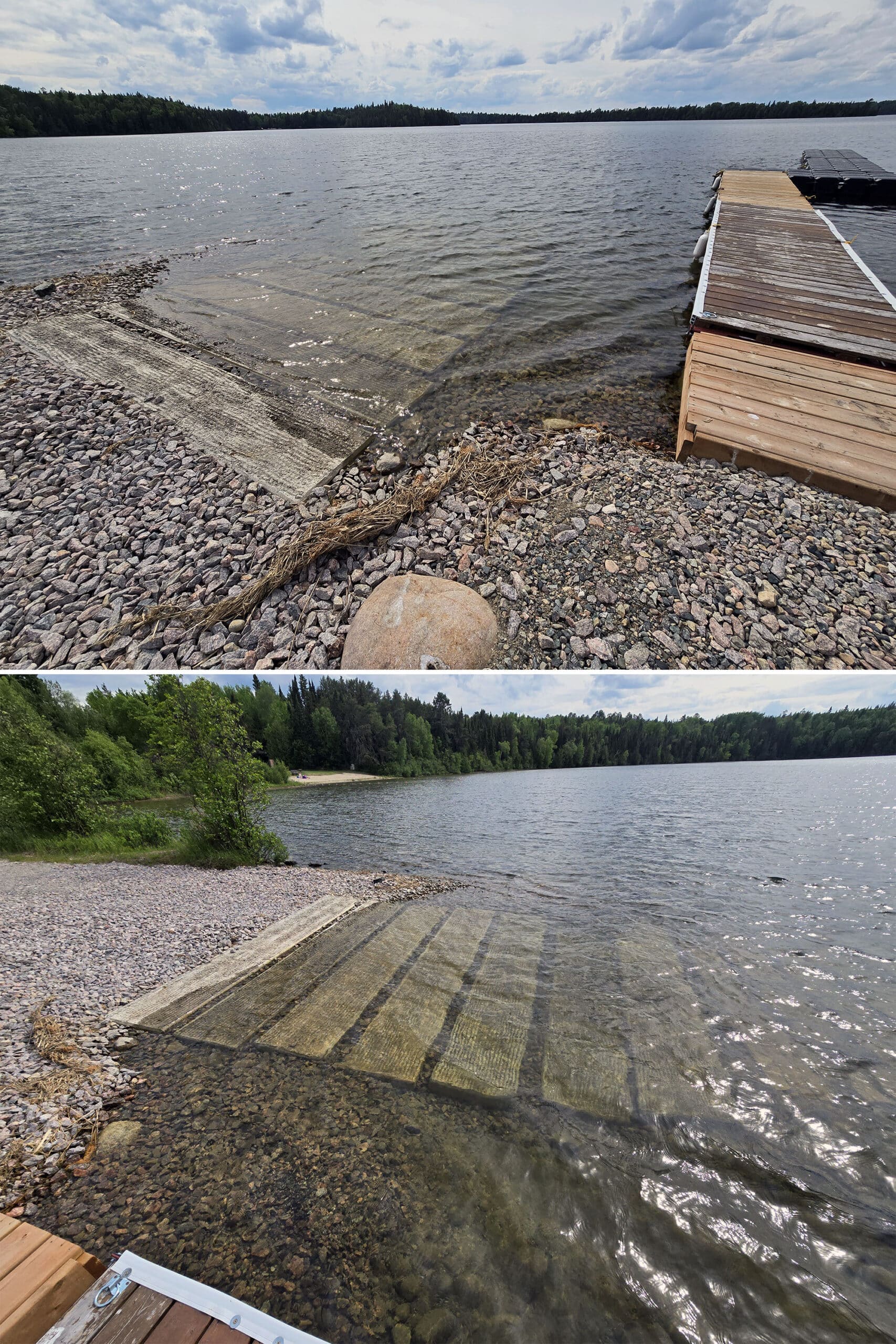 2 part image showing a boat launch and dock at Ojibway Provincial Park.