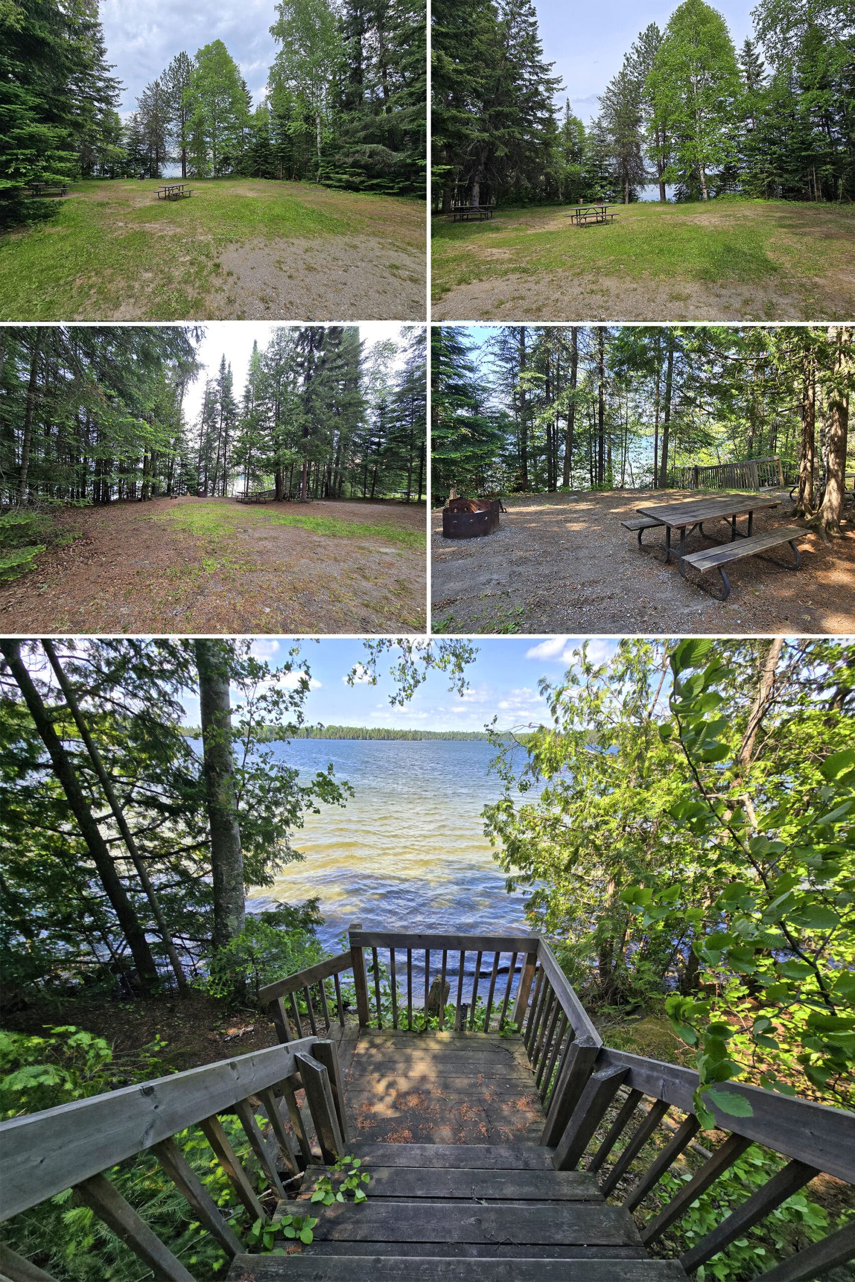 5 part image showing various views of two waterfront campsites at Ojibway Provincial Park.