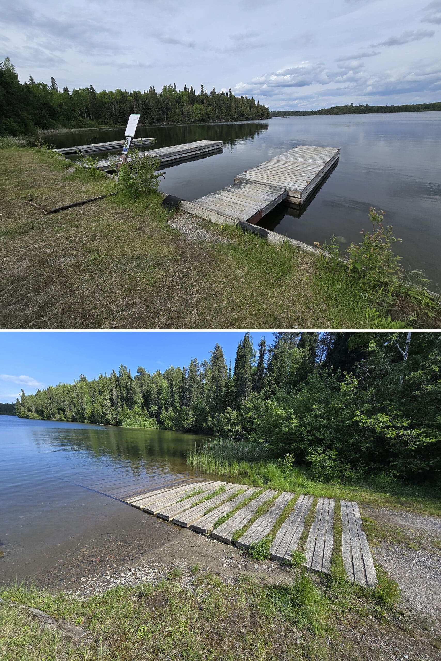 2 part image showing a shallow boat launch with 3 docks, at ojibway provincial park.
