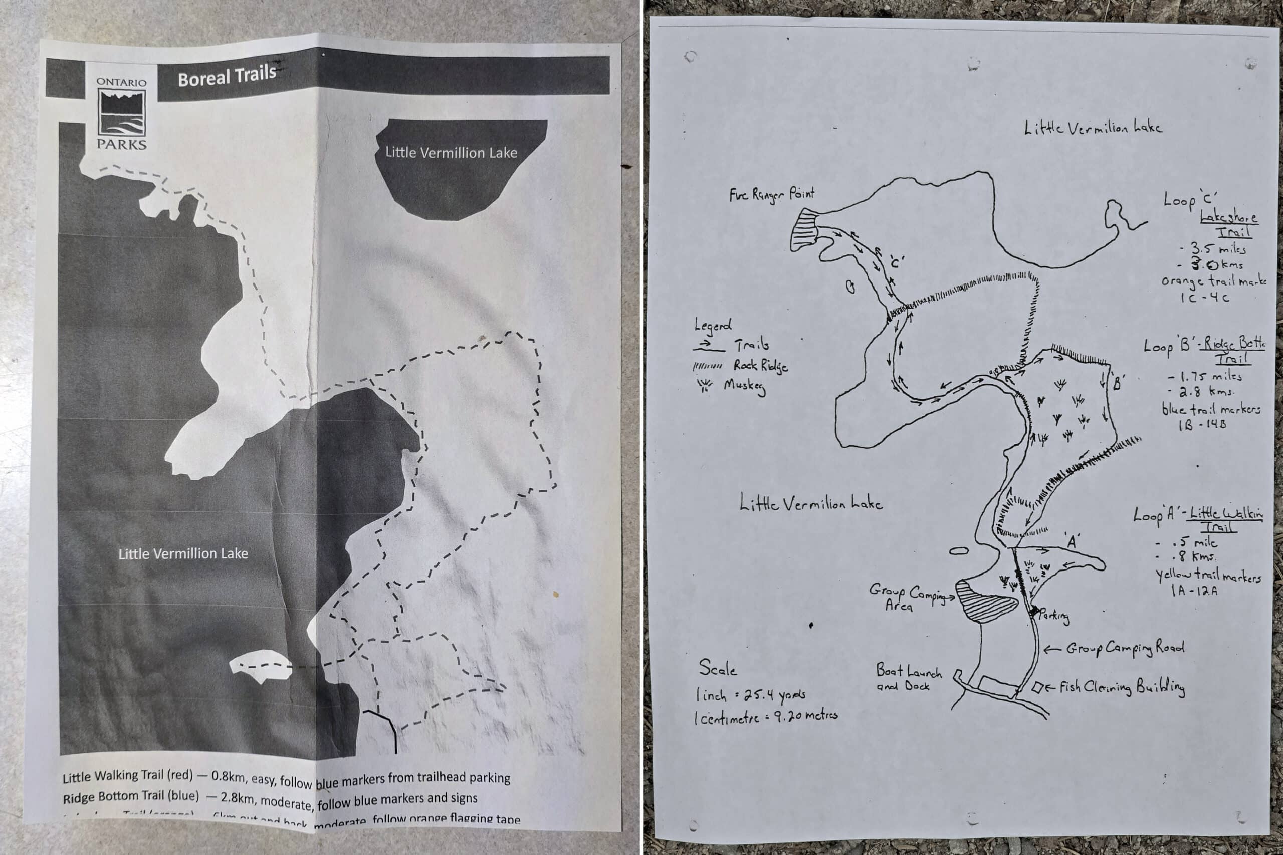 2 part image showing 2 different trail maps for Ojibway Provincial Park.