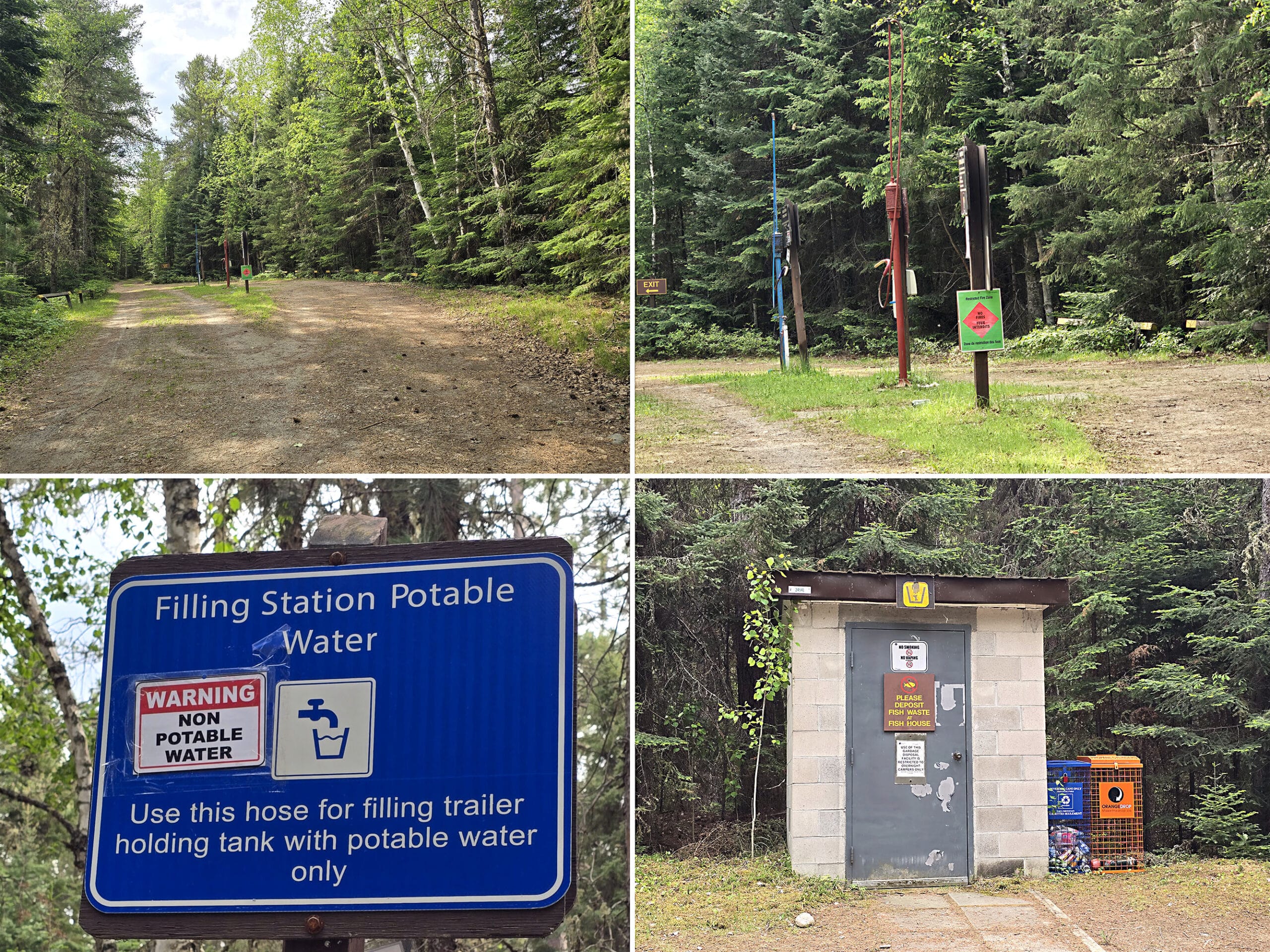 4 part image showing various views of the trailer sanitation station at Ojibway Provincial park.