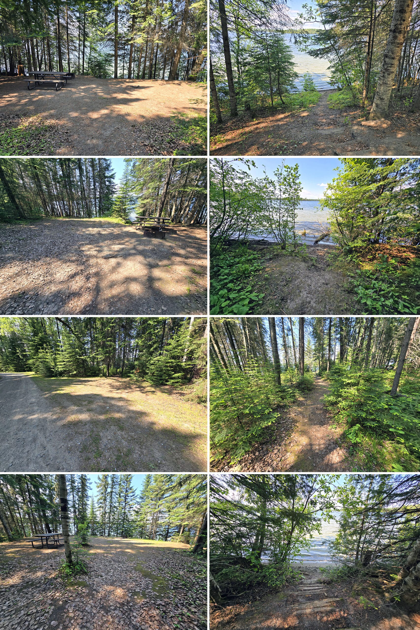 8 part image showing various walk in campsites at Ojibway Provincial Park.
