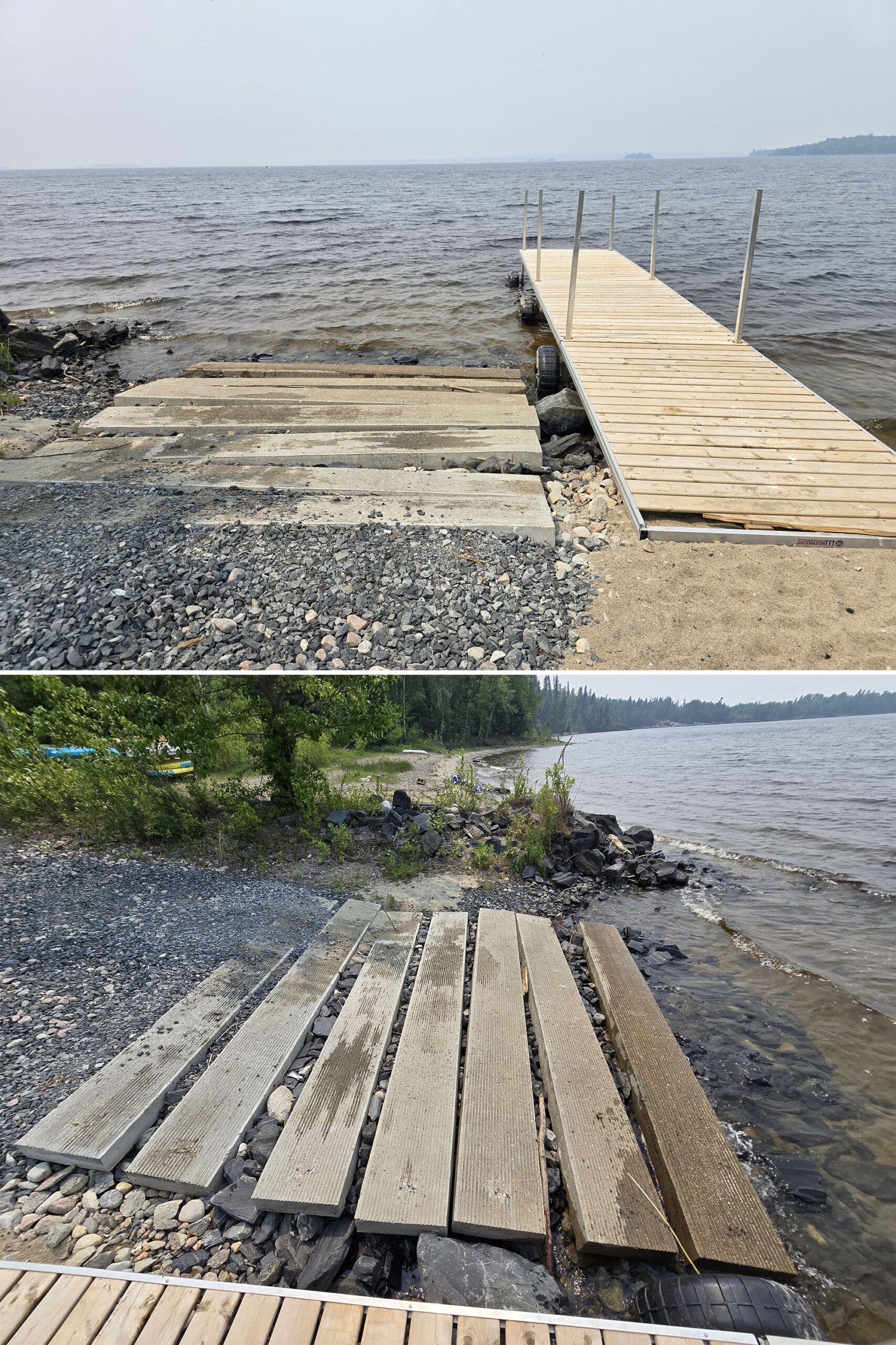2 part image showing the boat launch and dock at Pakwash Provincial Park.
