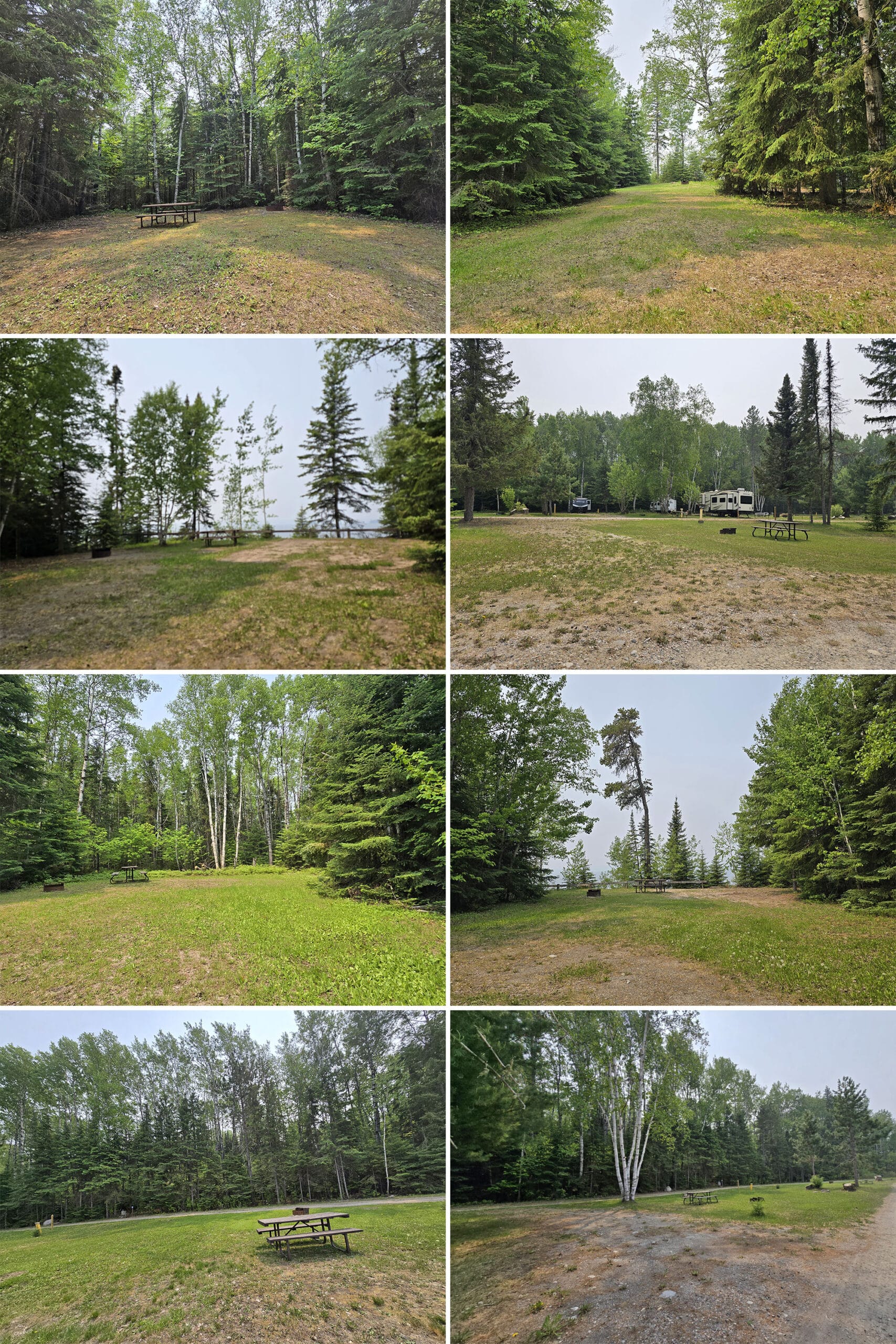 8 part image showing a variety of campsites at Pakwash Provincial Park.