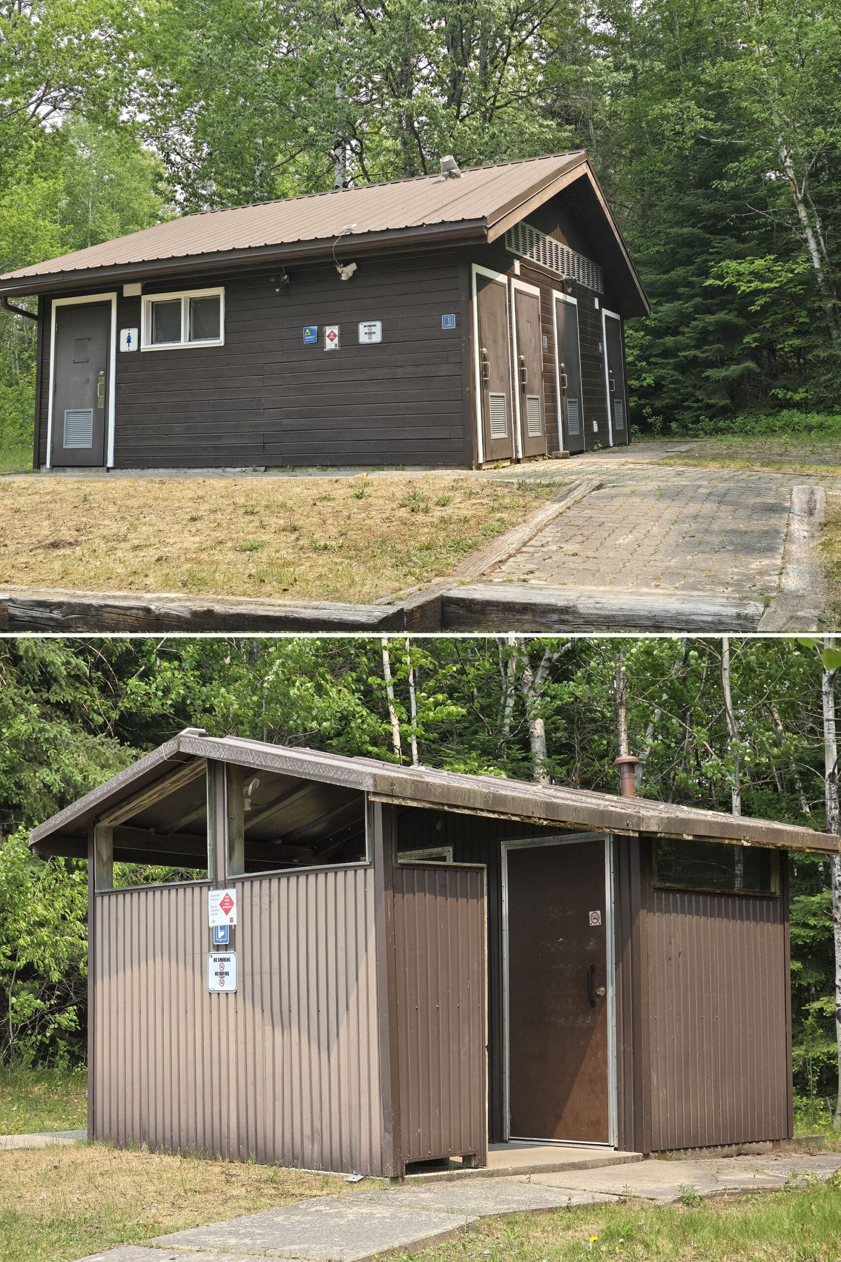 2 part image showing the Pakwash Provincial Park comfort station, and one of the outhouses.