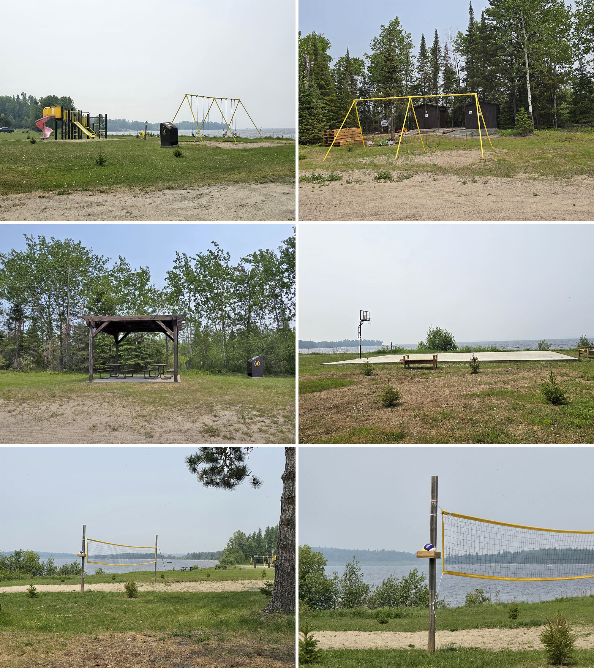 6 part image showing various elements of the Pakwash Provincial Park day use area.