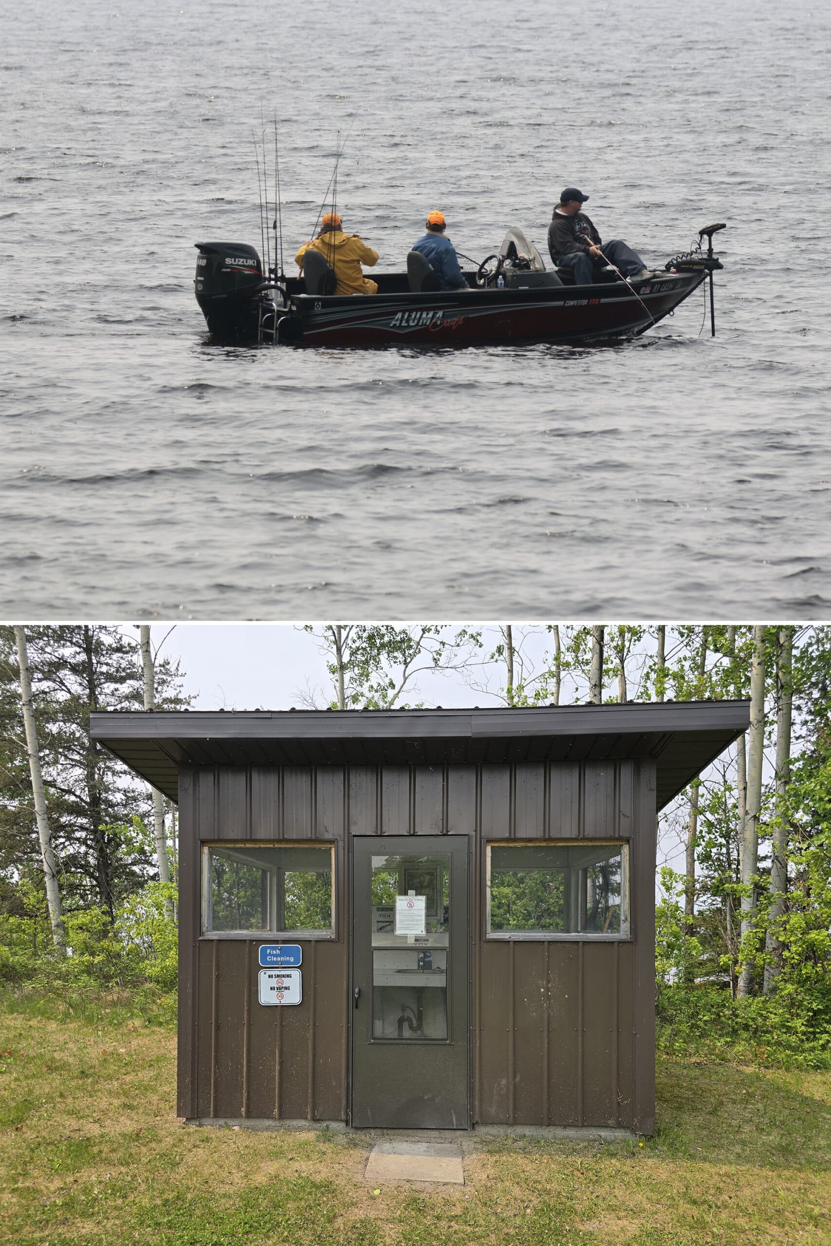 2 part image showing people fishing in a boat on Pakwash Lake, and a small fish cleaning hut at Pakwash Provincial Park.