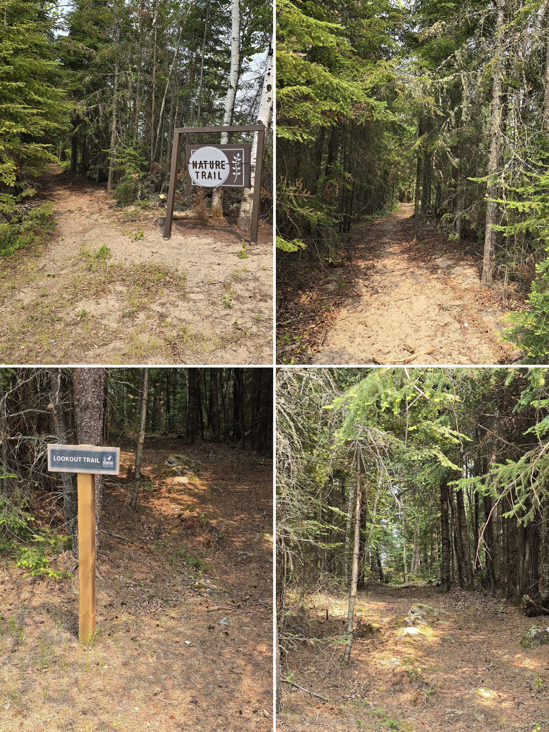 4 part image showing the trailheads and trails for the Lookout Trail and Nature Trail at Pakwash Provincial Park.