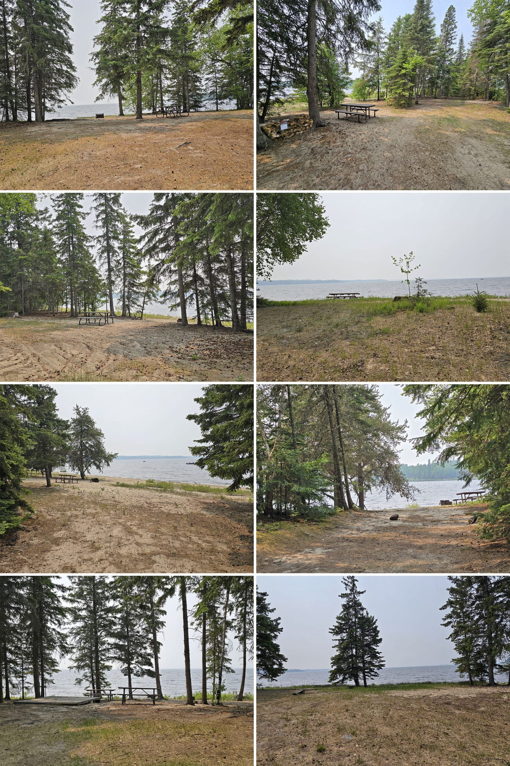 8 part image showing some of the waterfront campsites at Pakwash Provincial Park.