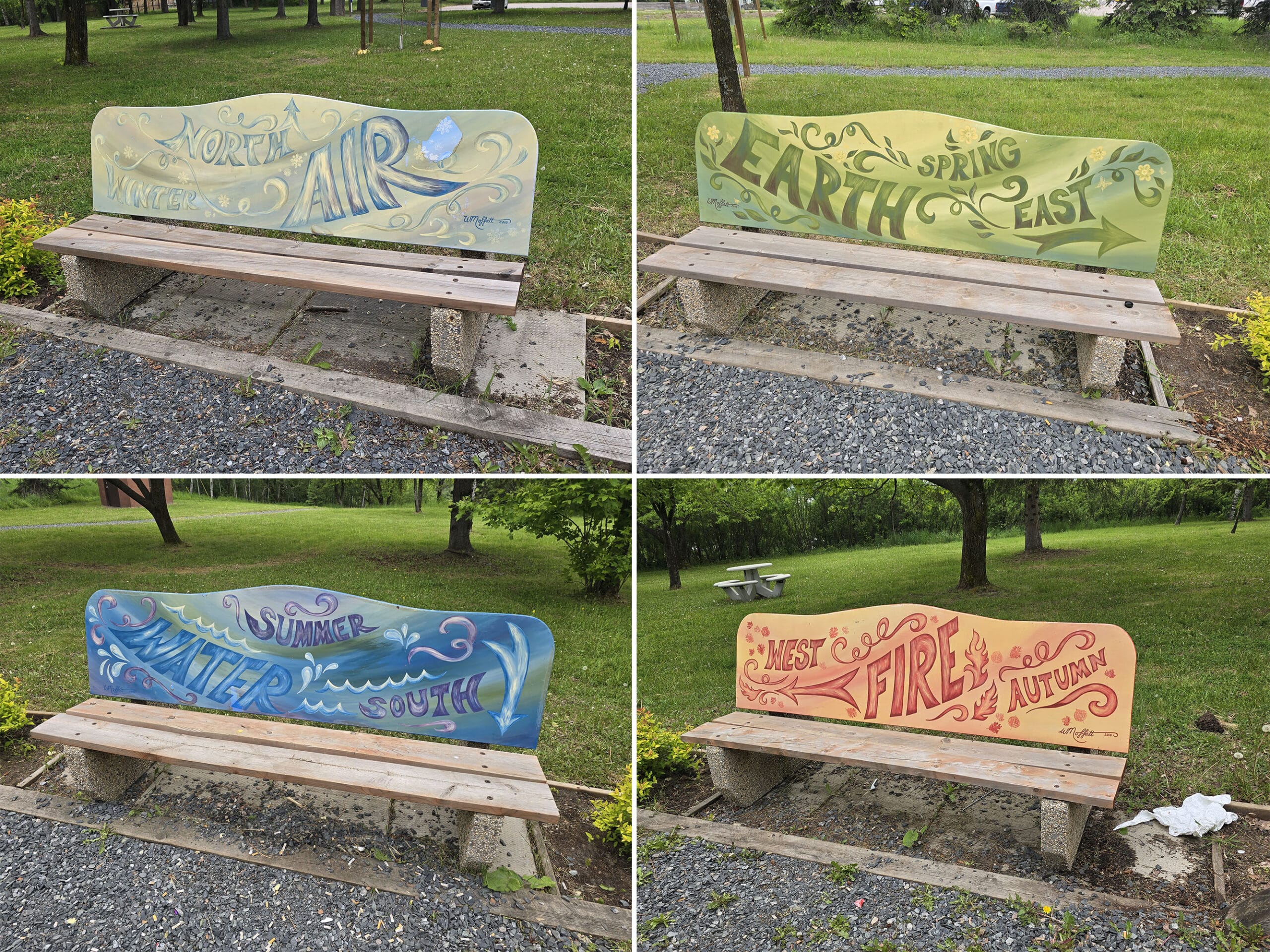 4 part image showing different park benches colourfully painted to reflect the seasons, elements, and directions.