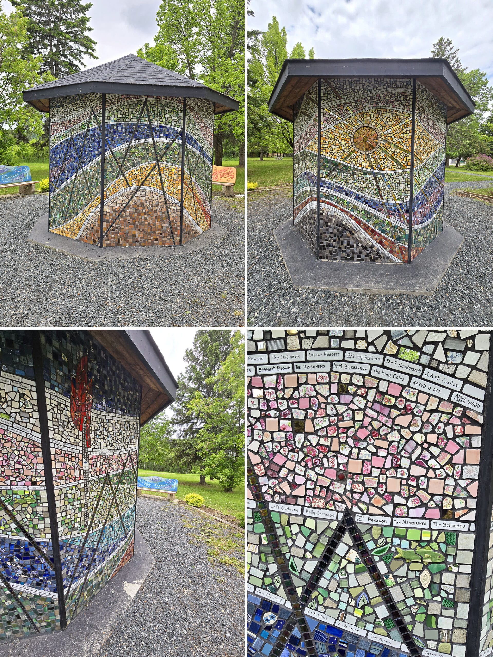 4 part image showing different facets of the pieces of dryden mosaic art installation.