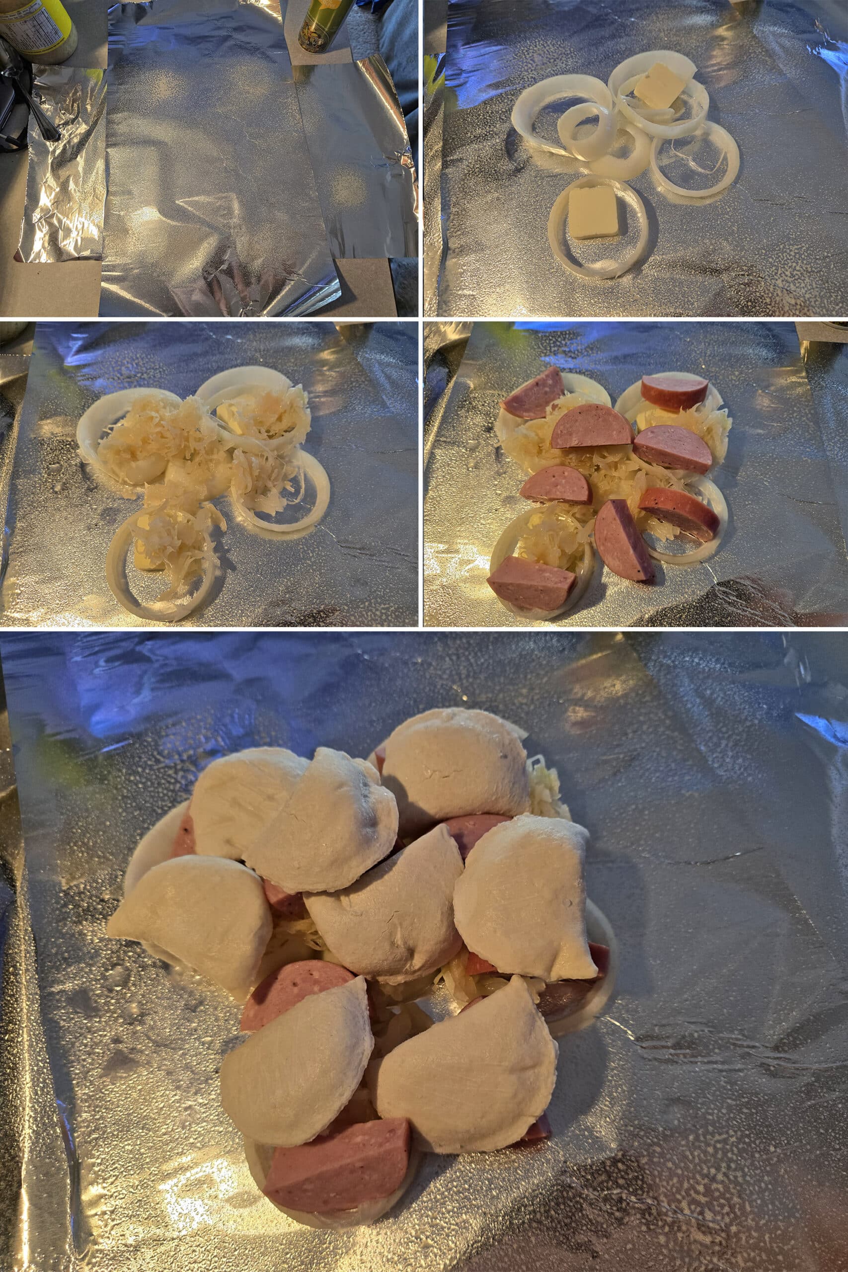 5 part image showing foil being sprayed, then layered with onions, sauerkraut, sausage slices, and frozen perogies.