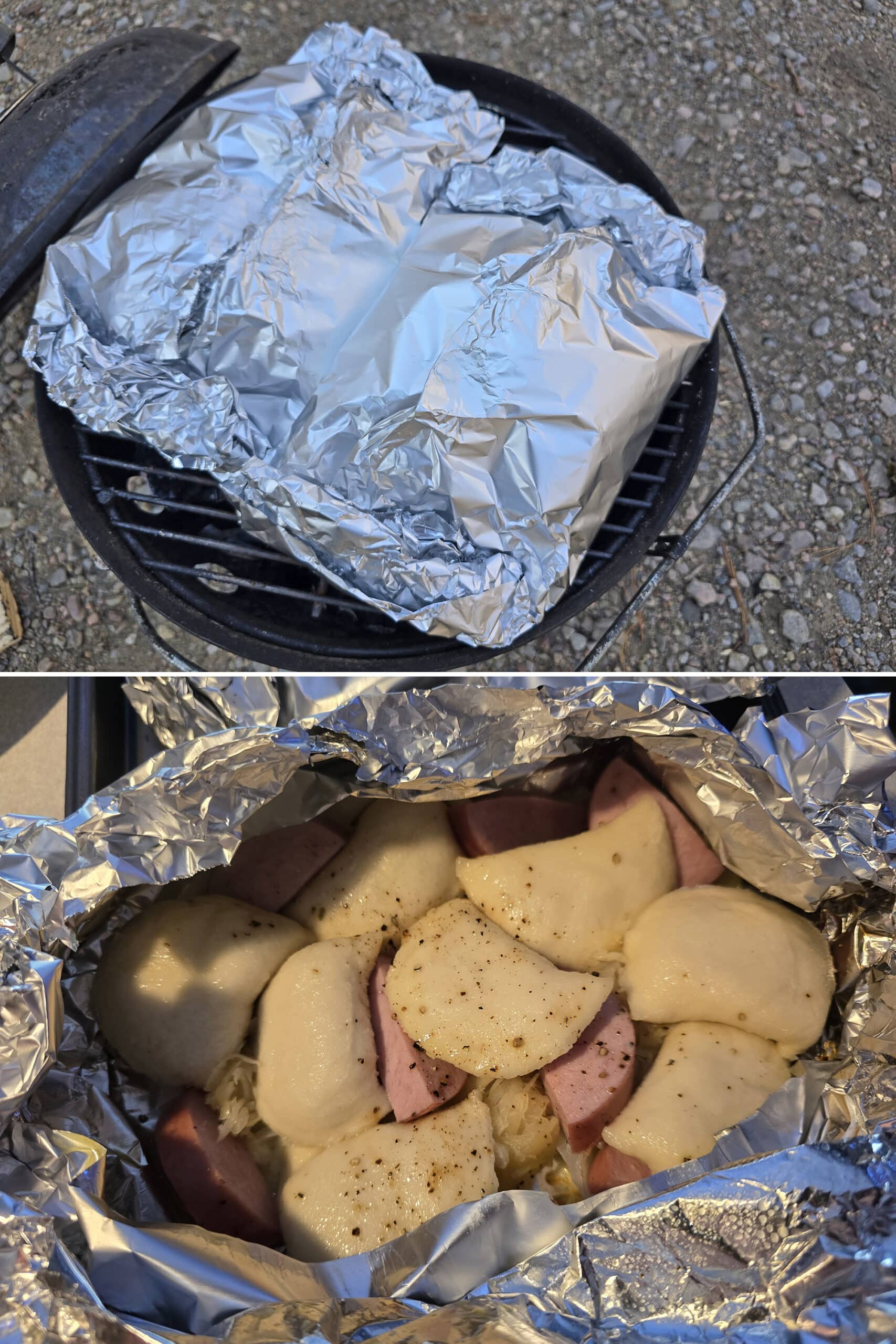 A foil packet of perogies and sausage on a grill, then the packet opened to show the perfectly cooked meal.