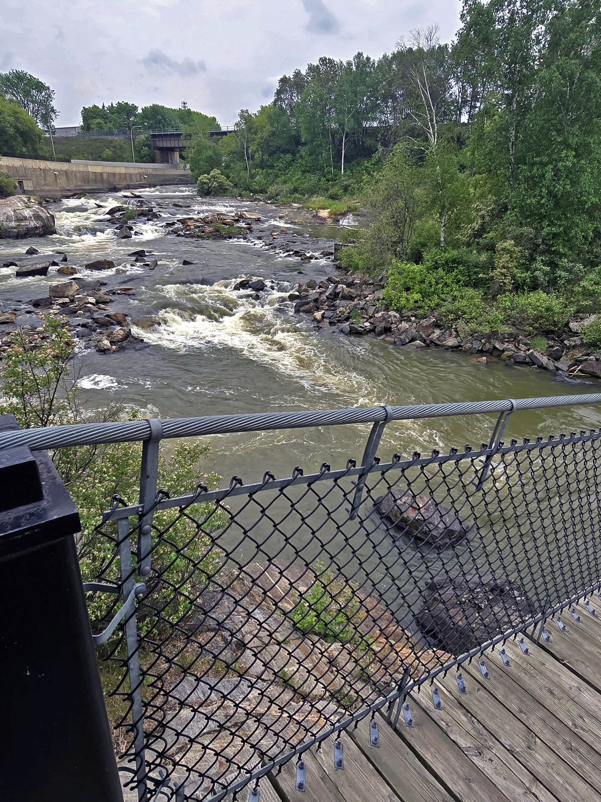 A view from the Roy Wilson Suspension Bridge, looking out at a small waterfall.