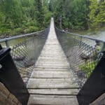 Looking down at the Roy Wilson Suspension Bridge from one platform.