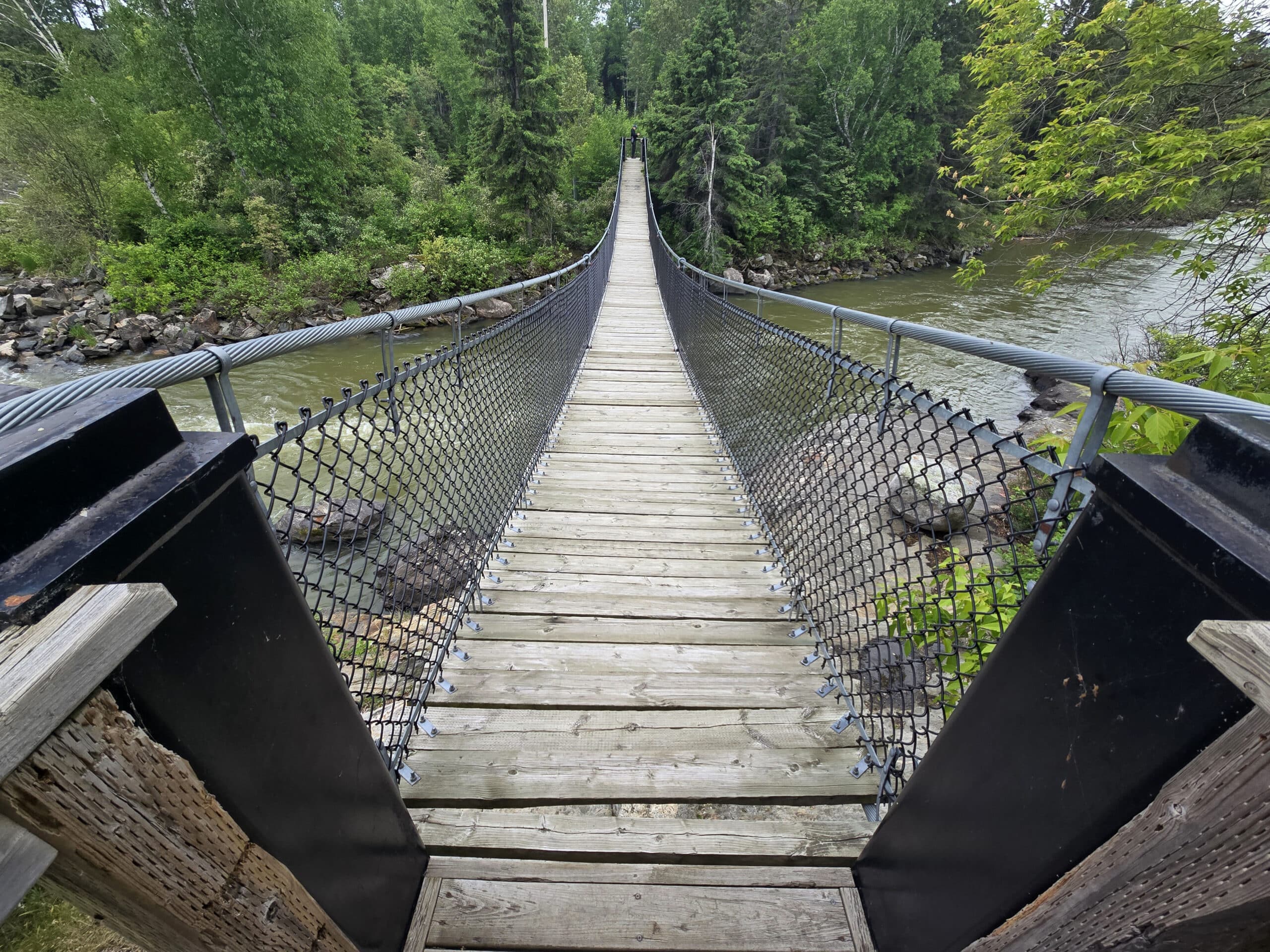 Looking down at the Roy Wilson Suspension Bridge from one platform.