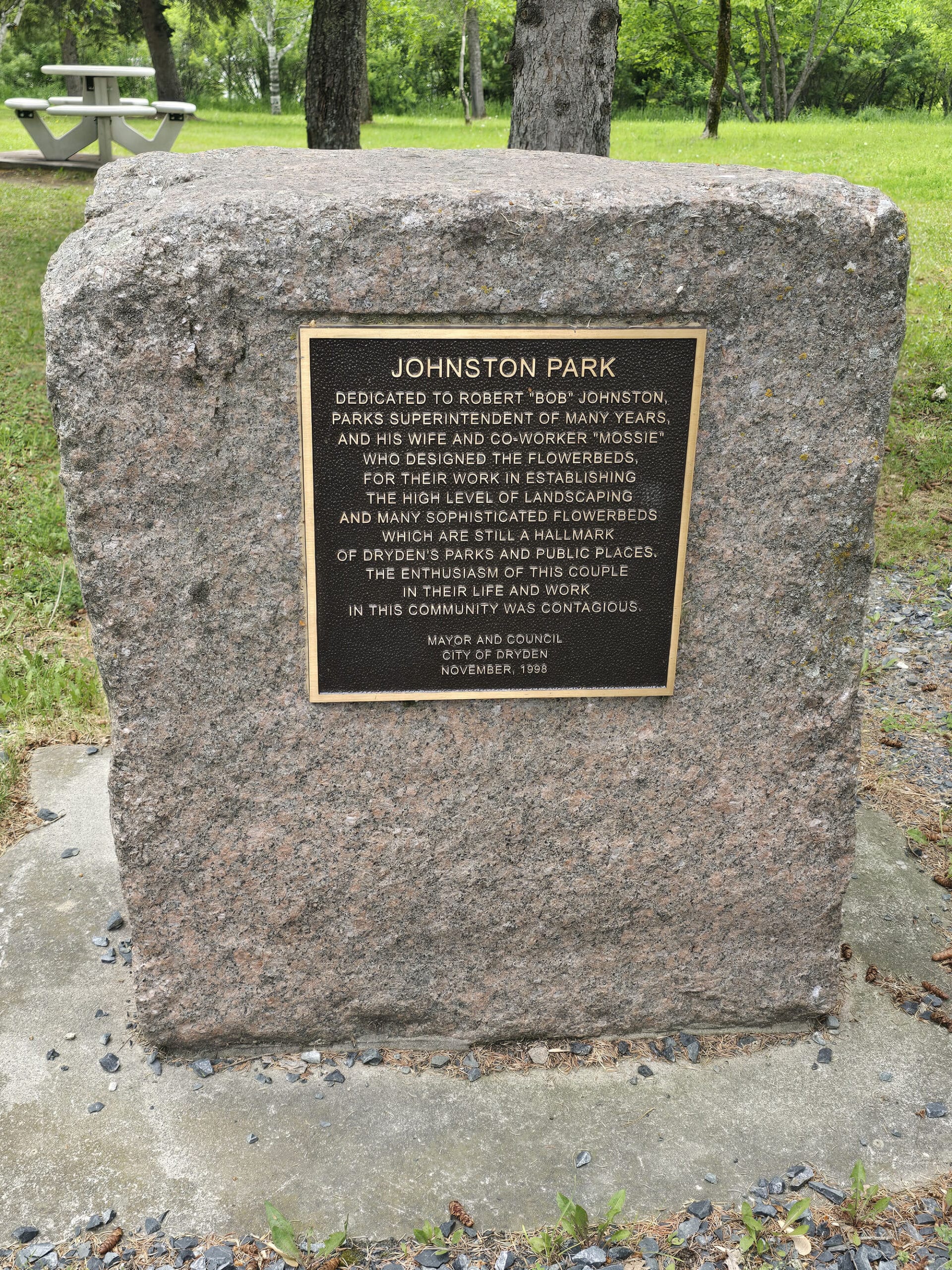 A dedication stone at Johnston Park in Dryden Ontario.