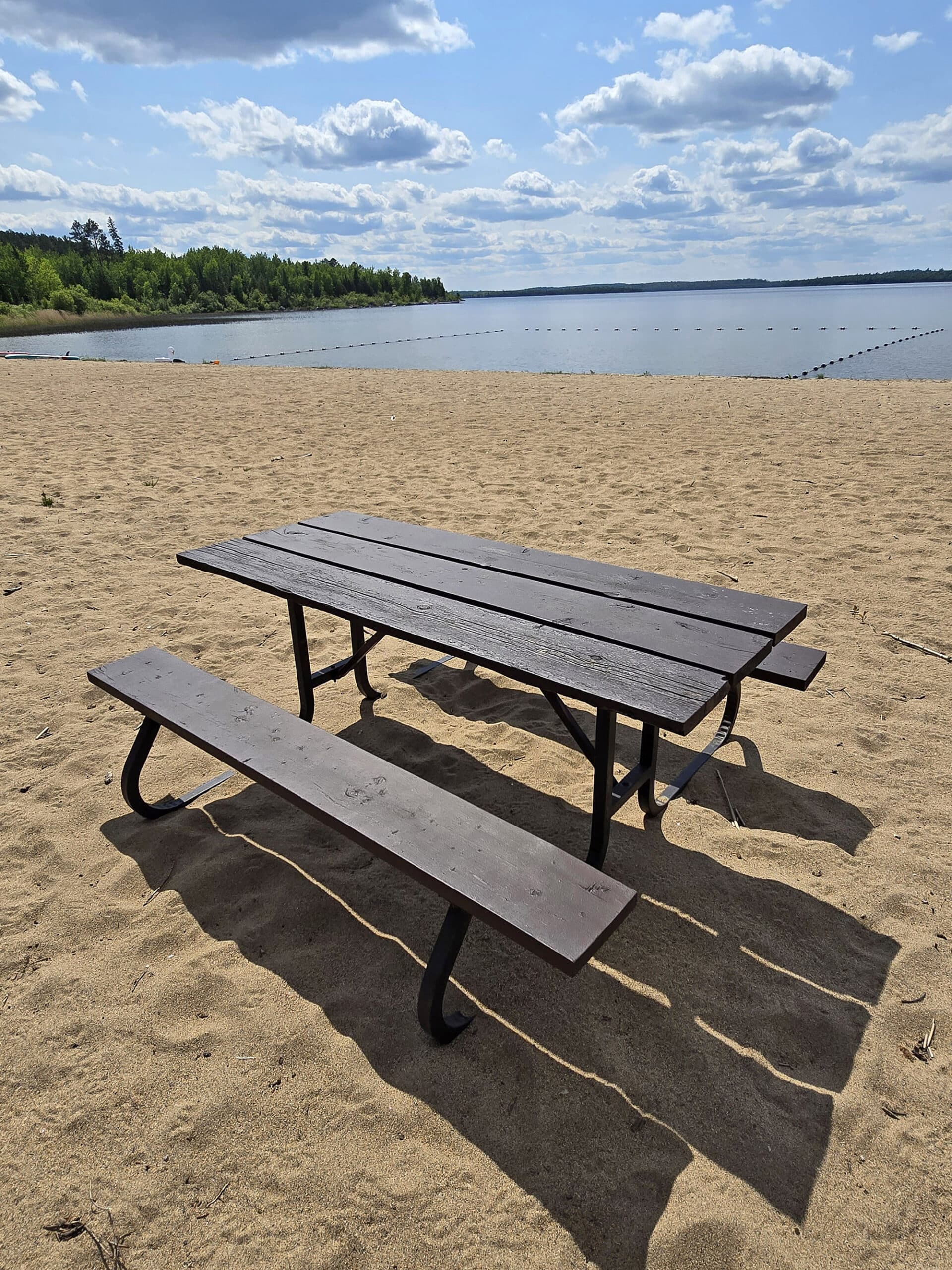 A picnic table on the Sandbar Lake Provincial Park beach.