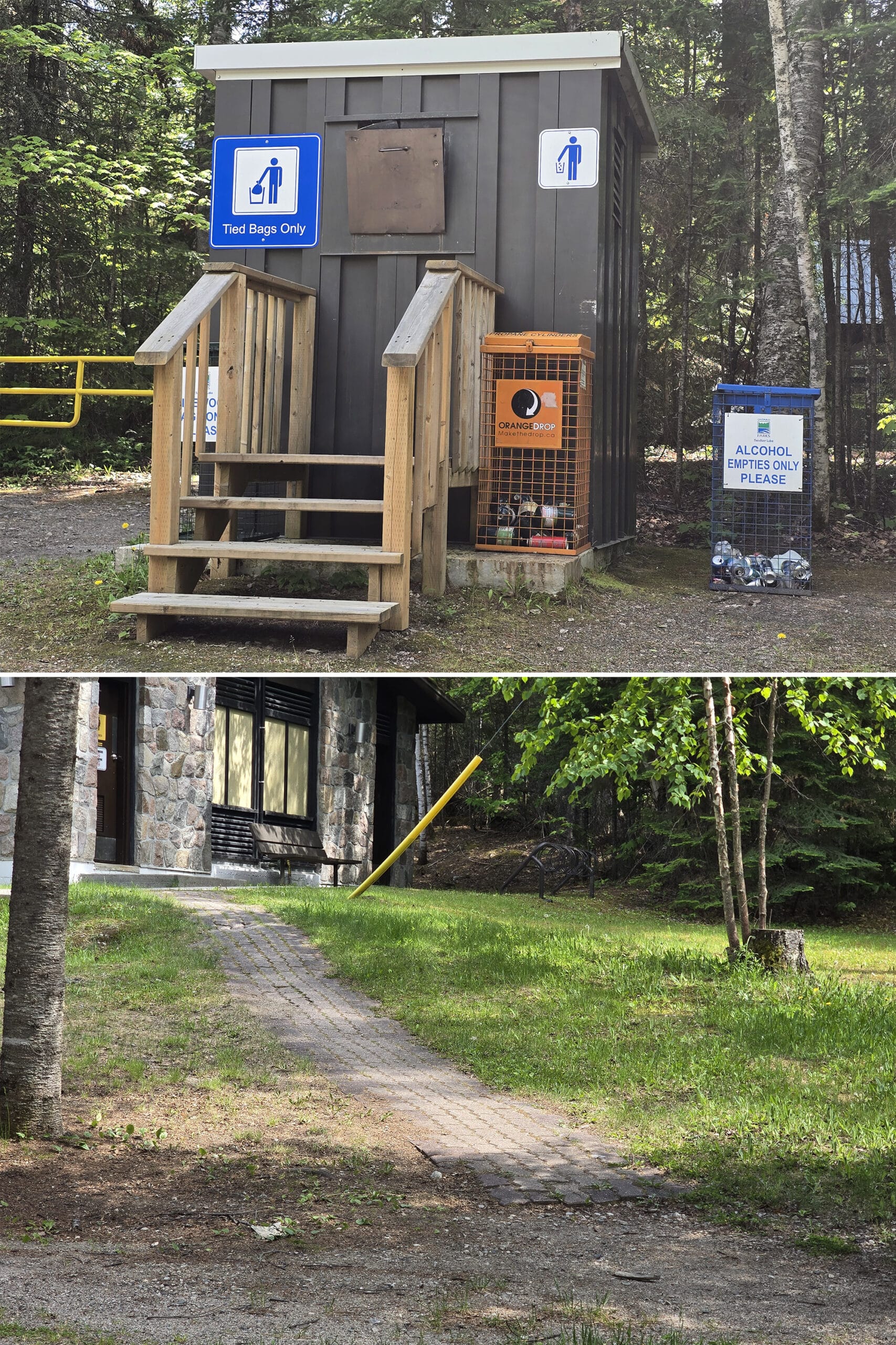 2 part image showing a garbage hut with steps up, and a rough trail to a comfort station.