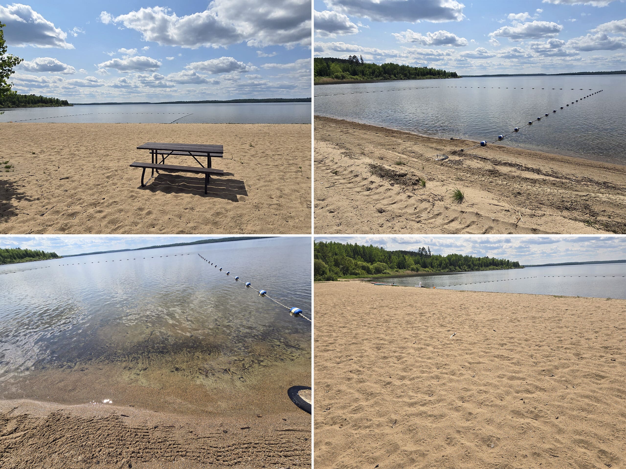 4 part image showing the beach at Sandbar Lake Provincial Park.