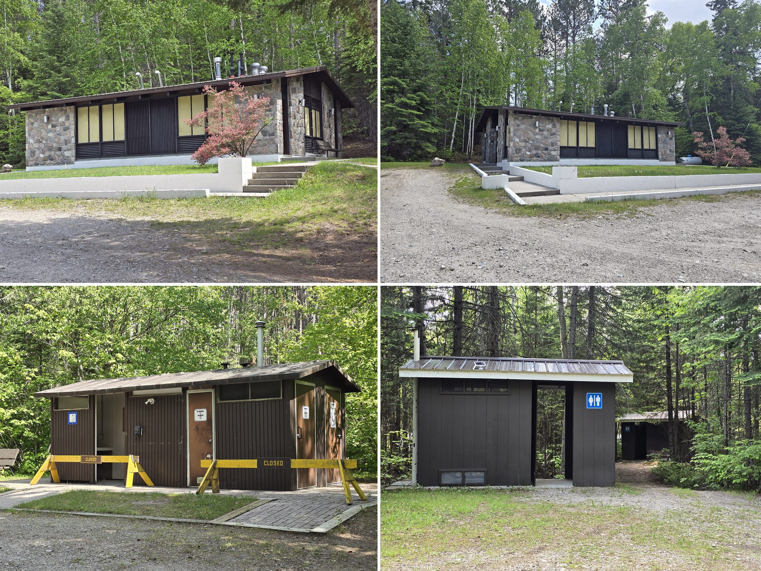 4 part image showing 2 comfort stations and a vault toilet at Sandbar Lake Provincial Park.