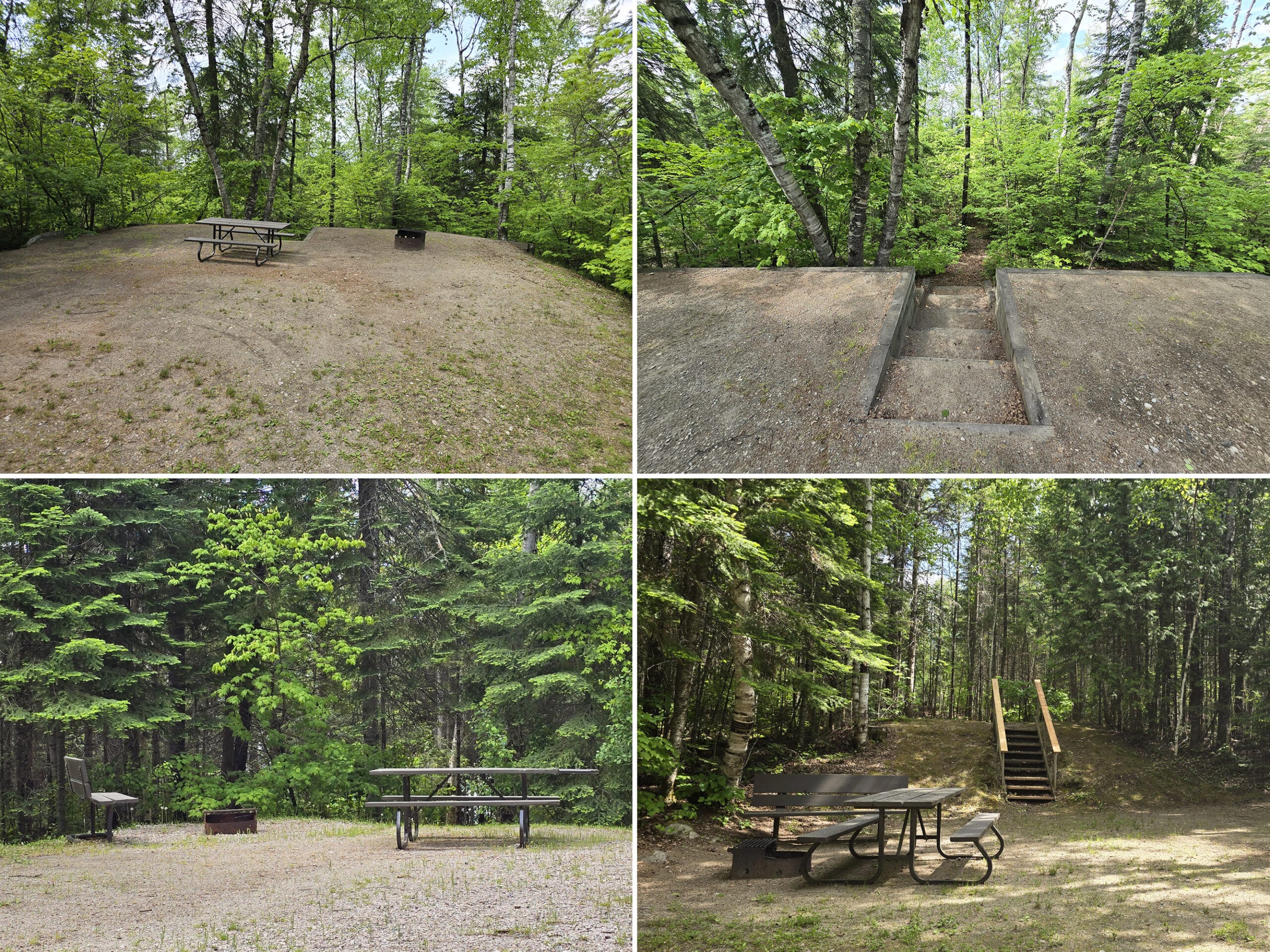 4 part image showing a campsite with steps to a trail, a vaulted campsite, and a fire pit with benches next to it.