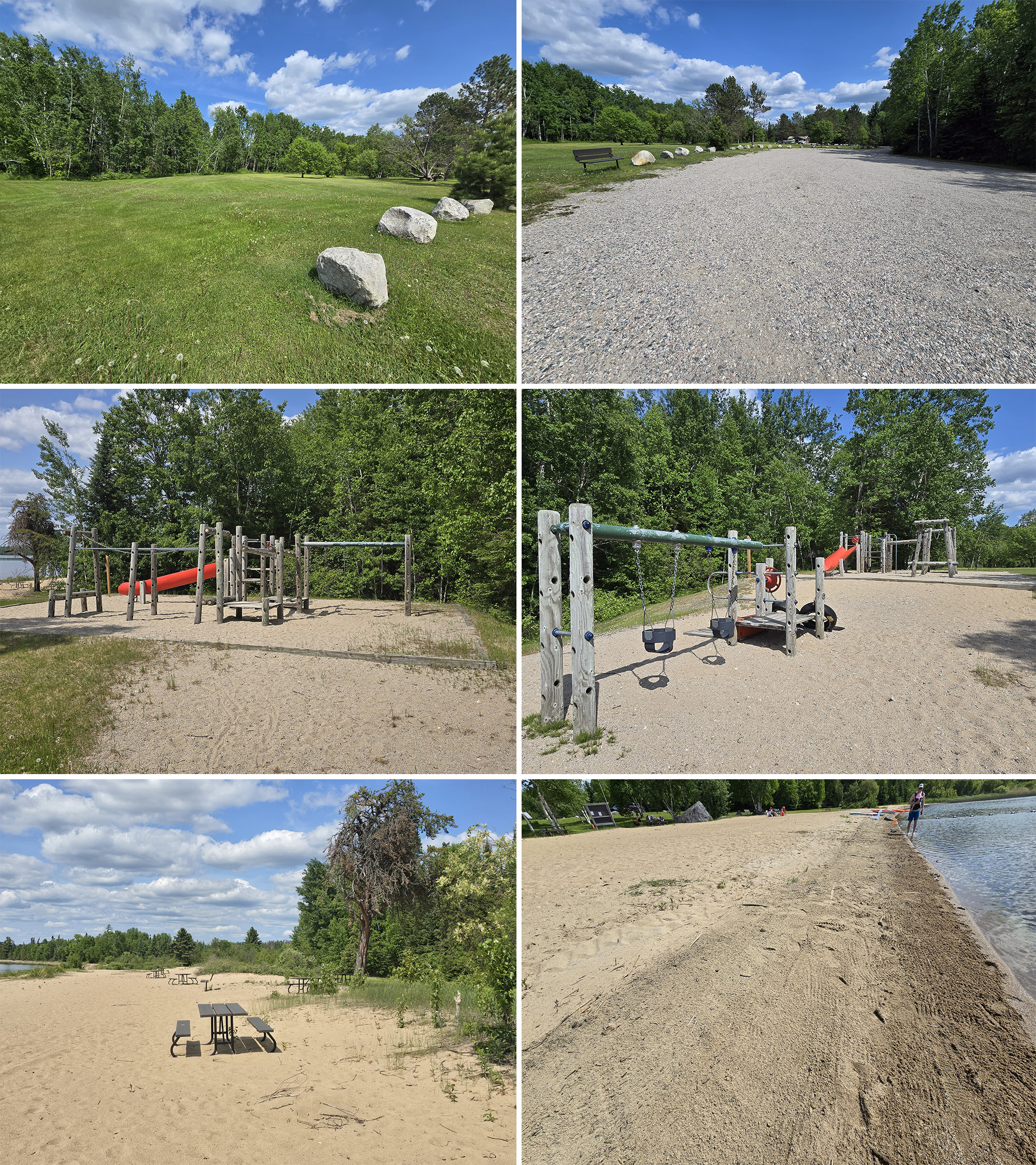 6 part image showing various aspects of the day use area at Sandbar Lake Provincial Park.