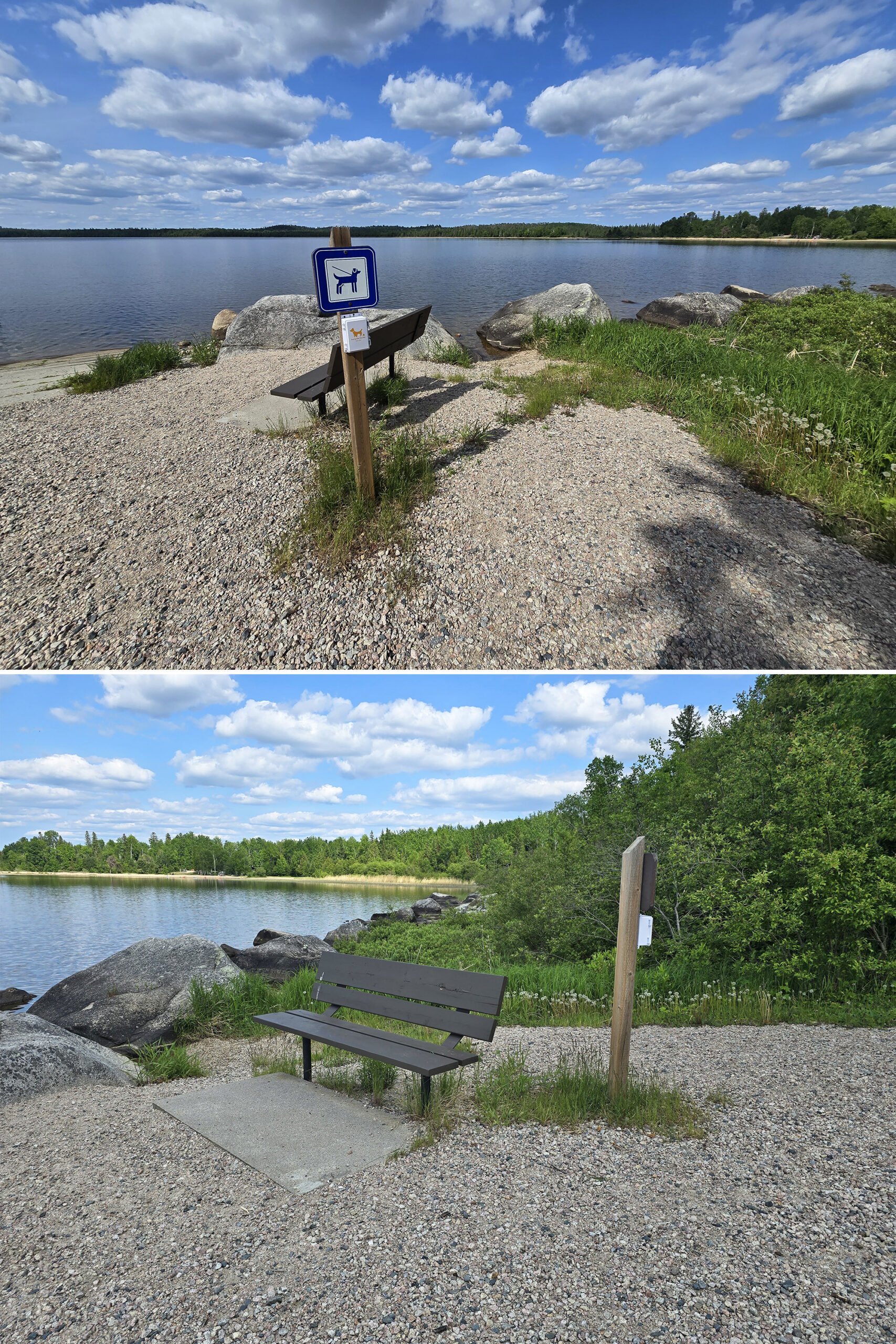 2 part image showing a rocky dog exercise area with a bench at Sandbar Lake Provincial Park.