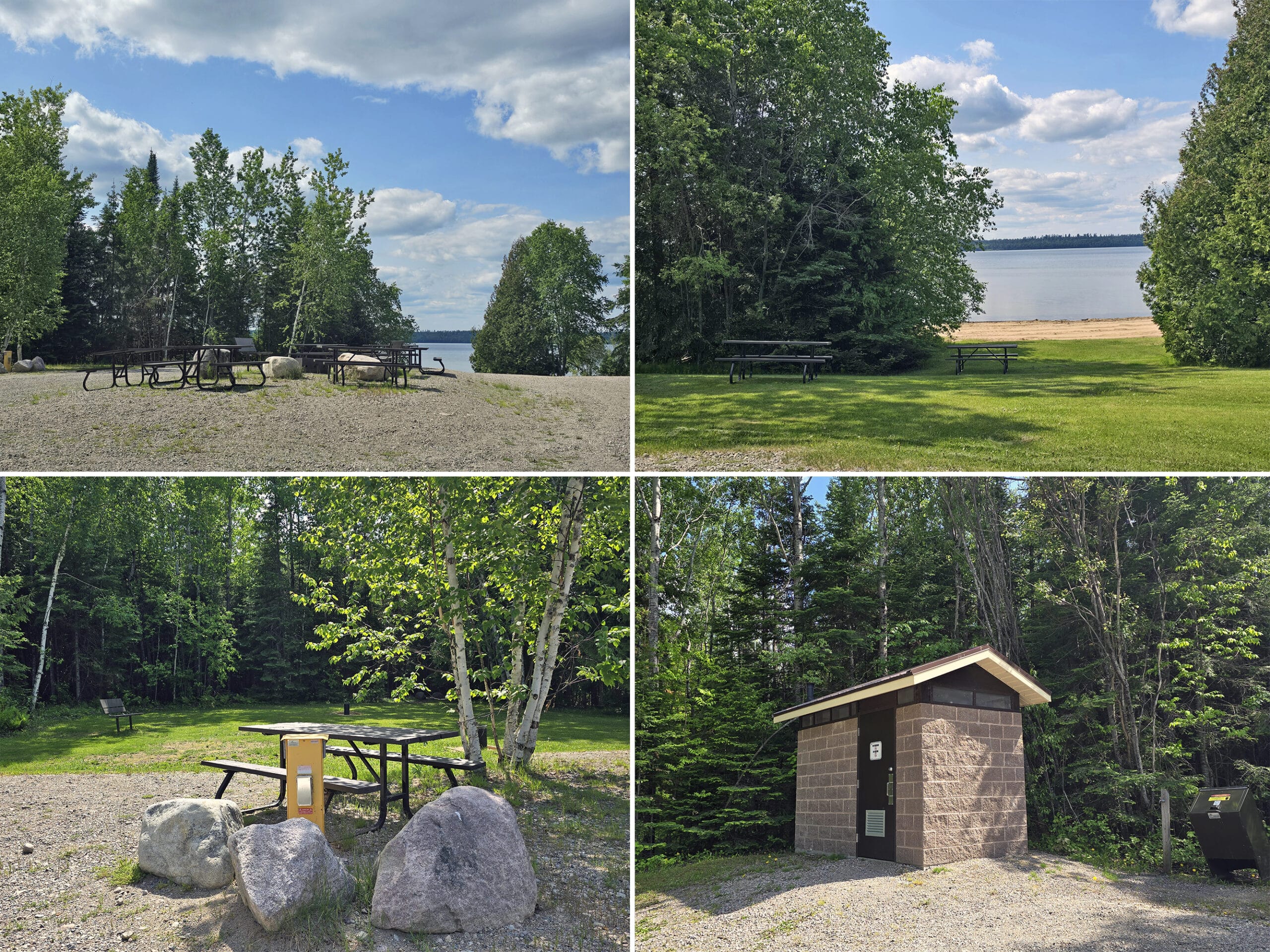 4 part image showing various aspects of a waterfront group campsite at Sandbar Lake Provincial Park.