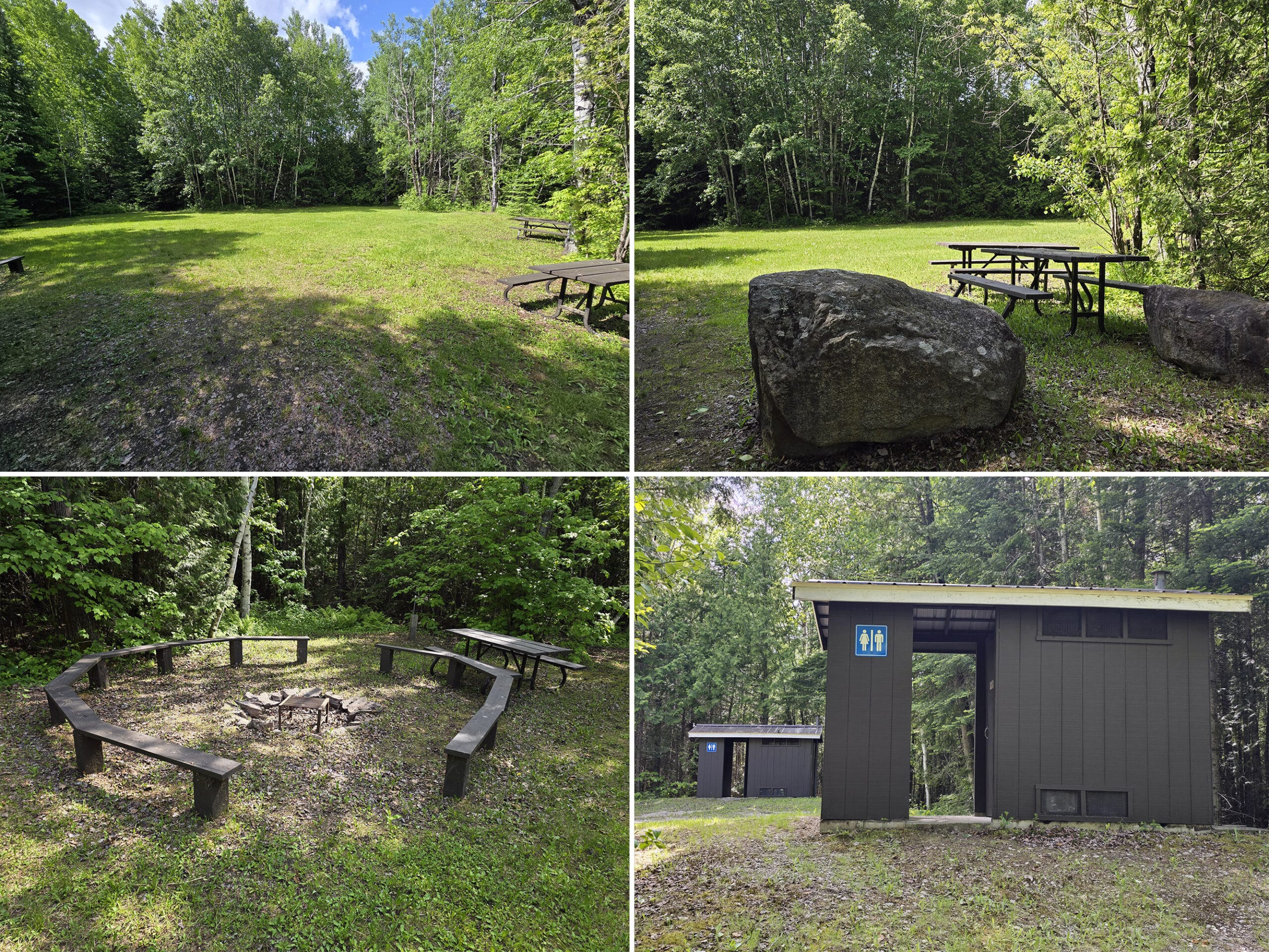 4 part image showing various aspects of a forested group campsite at Sandbar Lake Provincial Park.