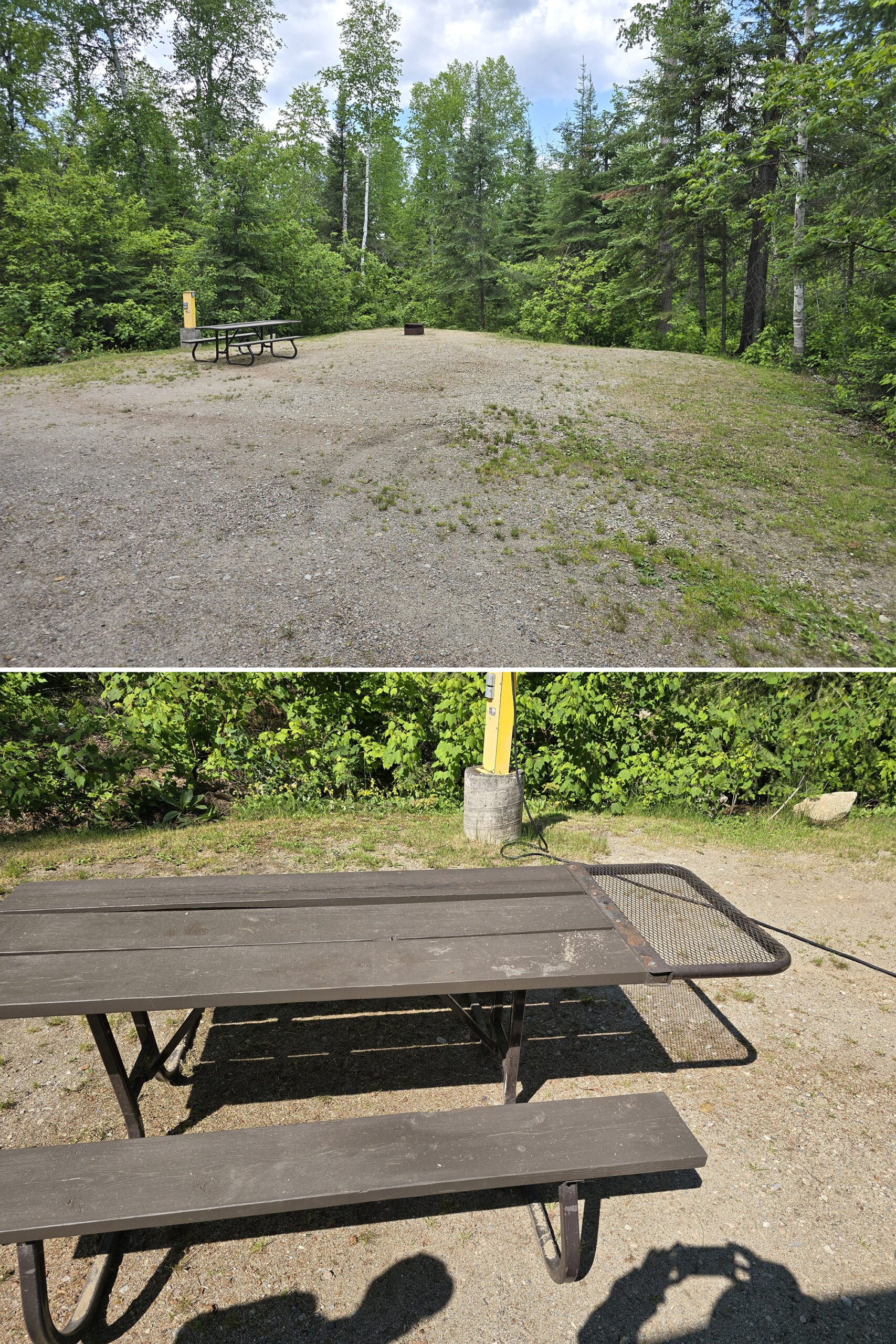 2 part image showing a campsite, and a picnic table with a metal extension.