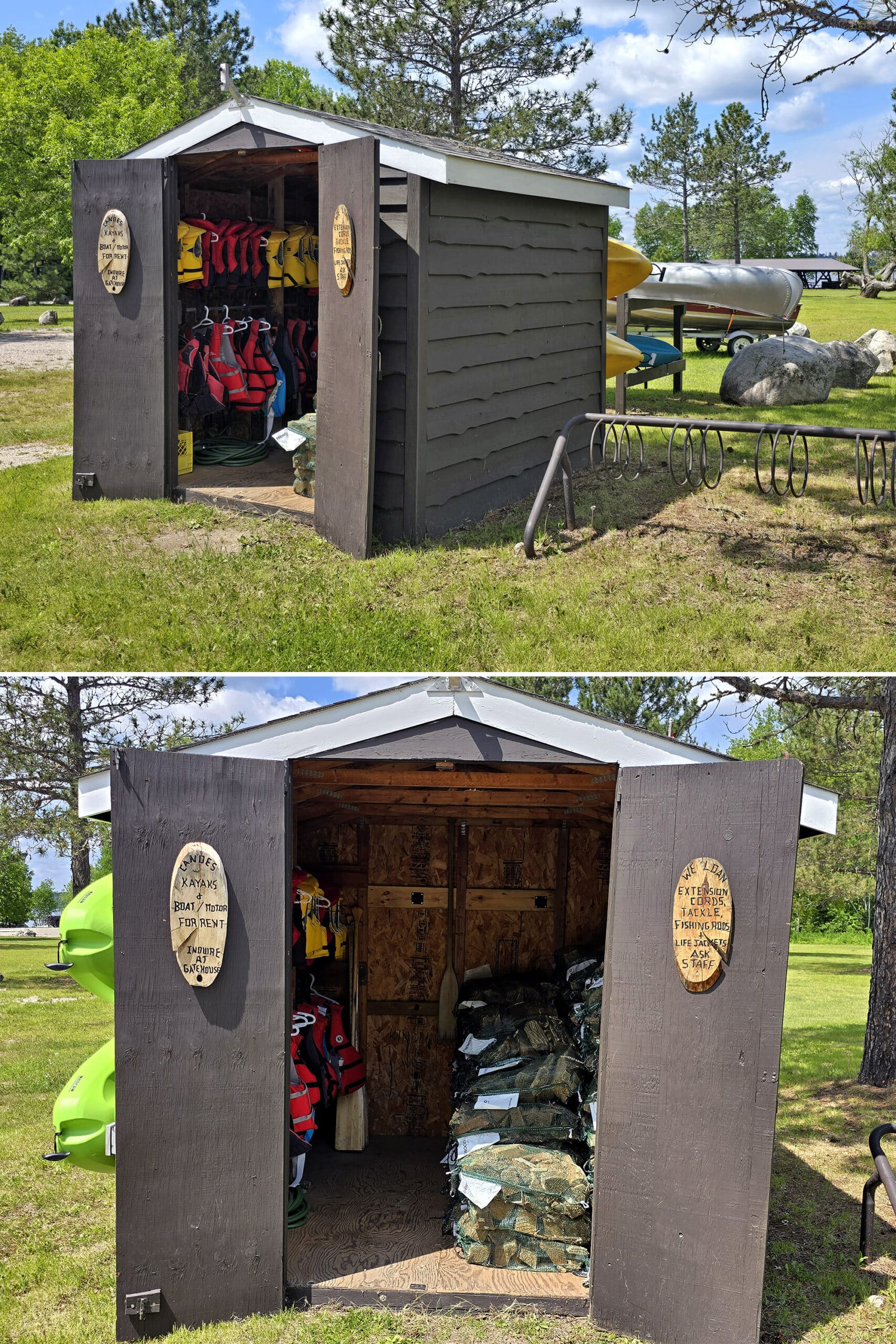 2 part image showing the rentals shed at Sandbar Lake Provincial Park.