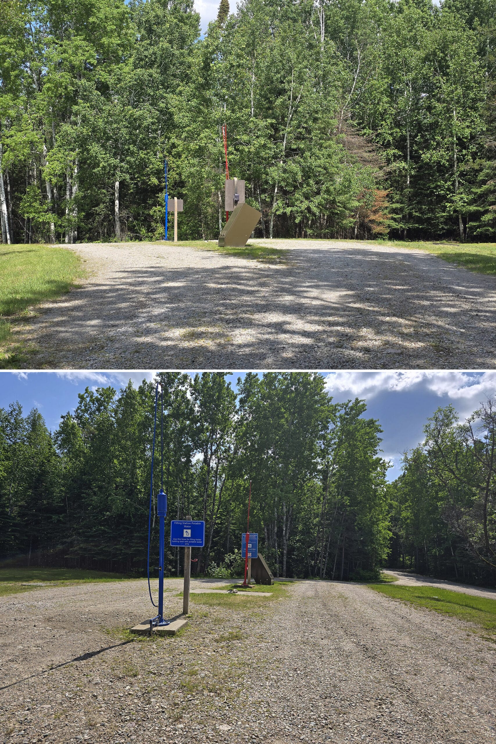 2 part image showing the trailer sanitation station at Sandbar Lake Provincial Park.