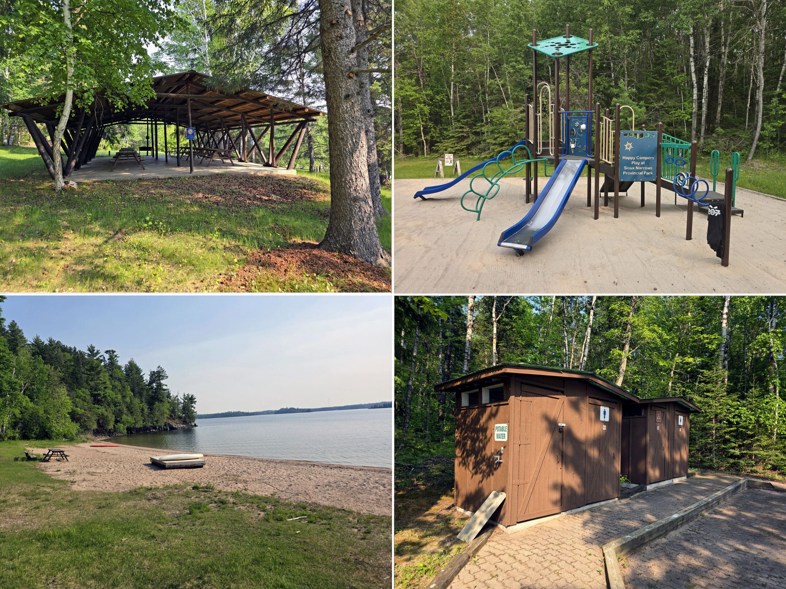4 part image showing various views of the Sioux Narrows Provincial Park day use area.