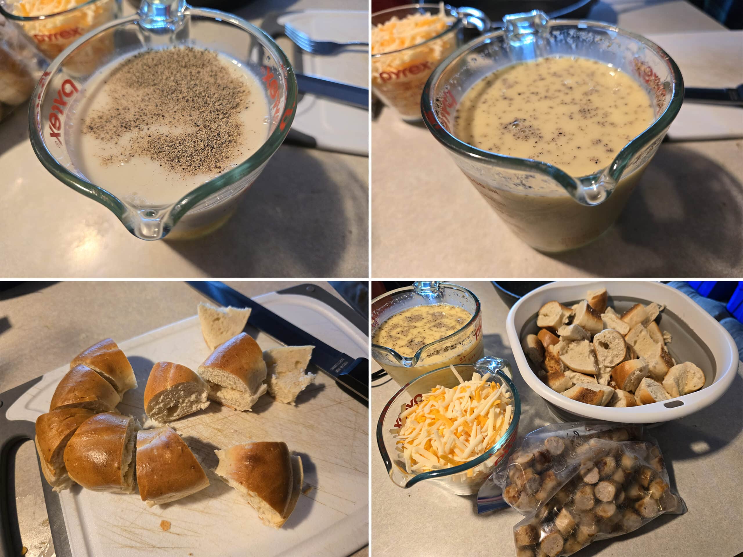 4 part image showing the custard being mixed in a measuring cup, the bagels being chopped, and all the ingredients ready to go.