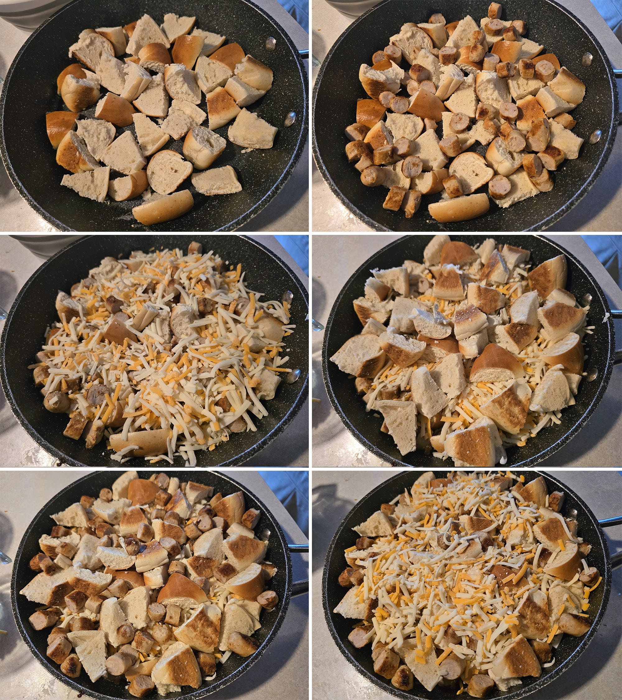 6 part image showing the bagels, sausage, and cheese being layered.