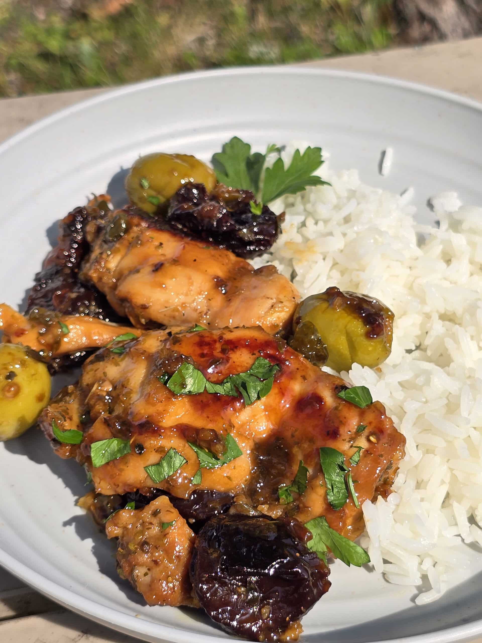 A plate of campfire chicken marbella with rice, with caramelized chicken thighs, olives, prunes, and parsley visible.