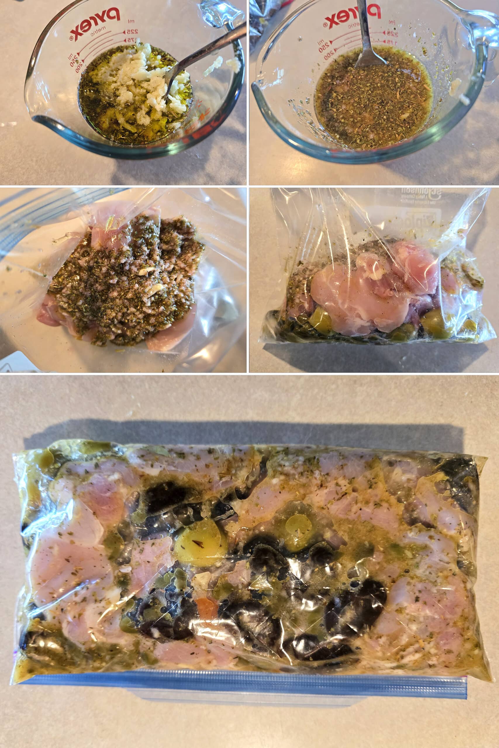 5 part image showing the marinade being mixed in a glass measuring cup then poured into a baggie of chicken, olives, and prunes, then massaged in.