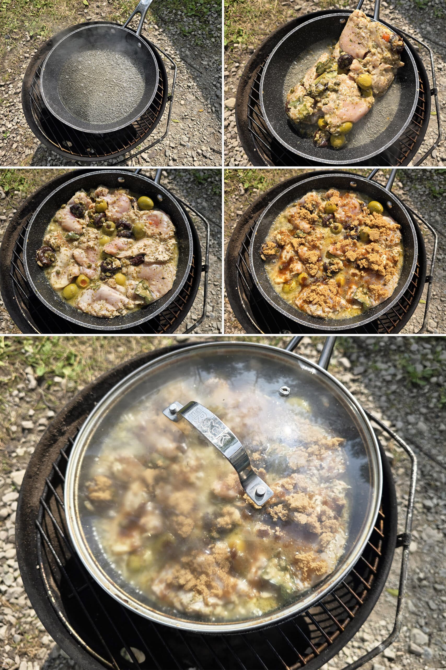 5 part image showing wine simmering, then the baggie of marinated chicken added to the pan, spread out, topped with brown sugar, then covered.