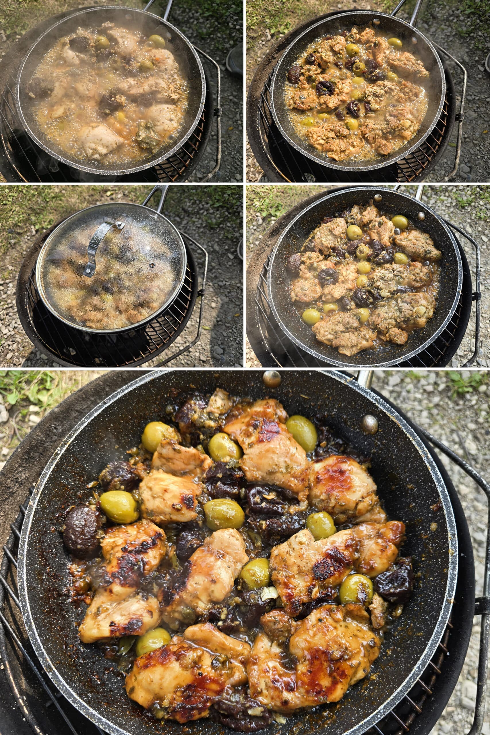 5 part image showing the skillet of chicken marbella simmering covered and uncovered until thick.