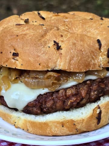 A French onion soup burger on a plate, with provolone, swiss, and caramelized onions.