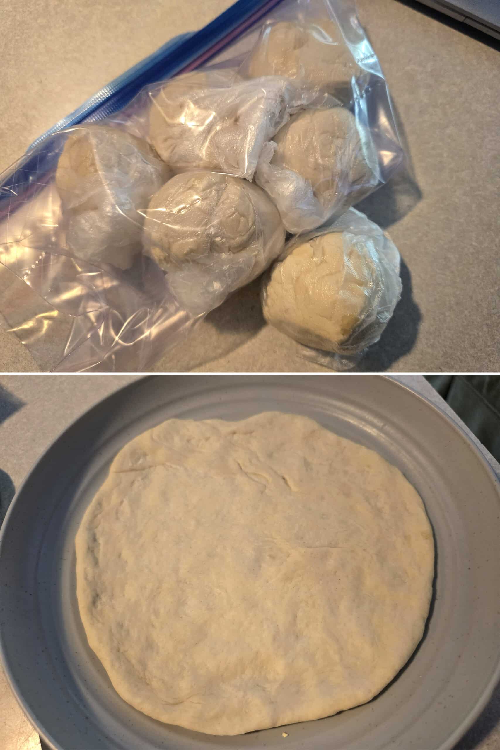 2 part image showing a bag of dough balls, and one ball flattened out into a round.