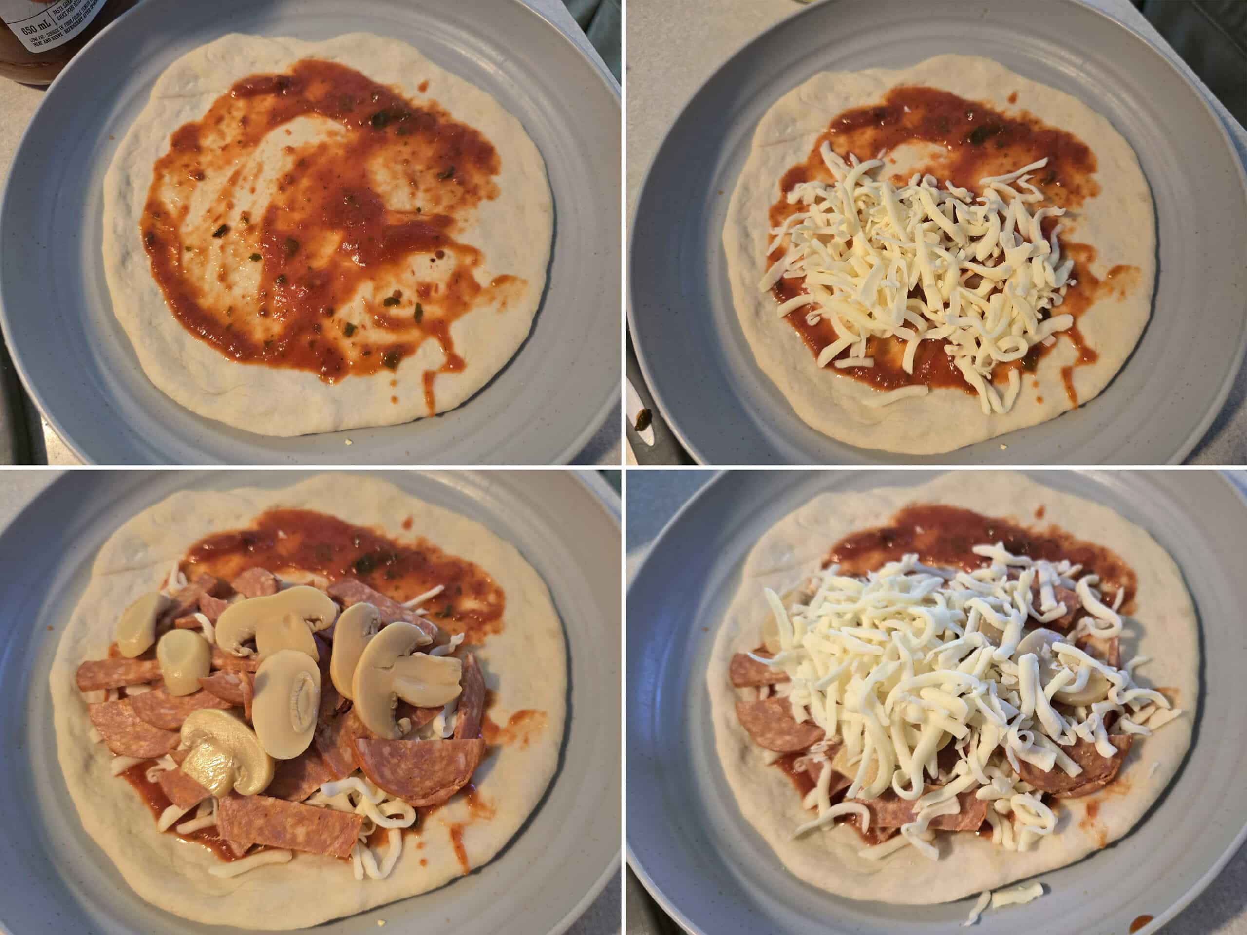 4 part image showing the dough round being topped with sauce and pizza filling ingredients.
