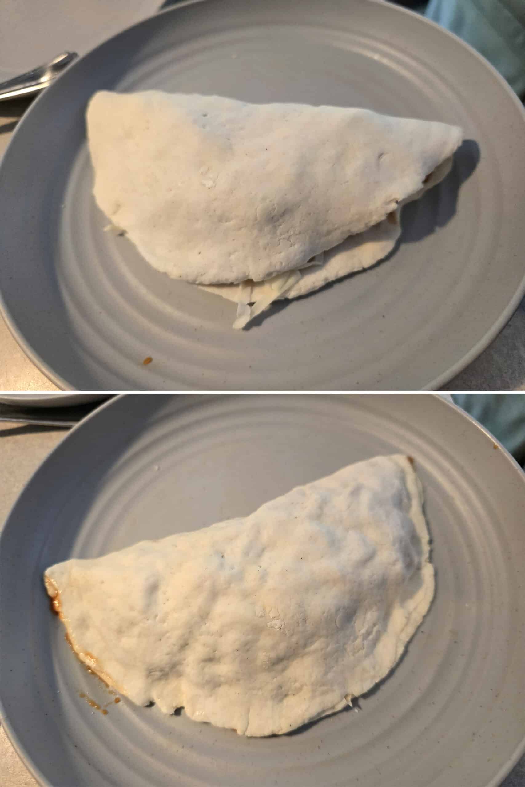 2 part image showing a calzone being folded over and sealed.
