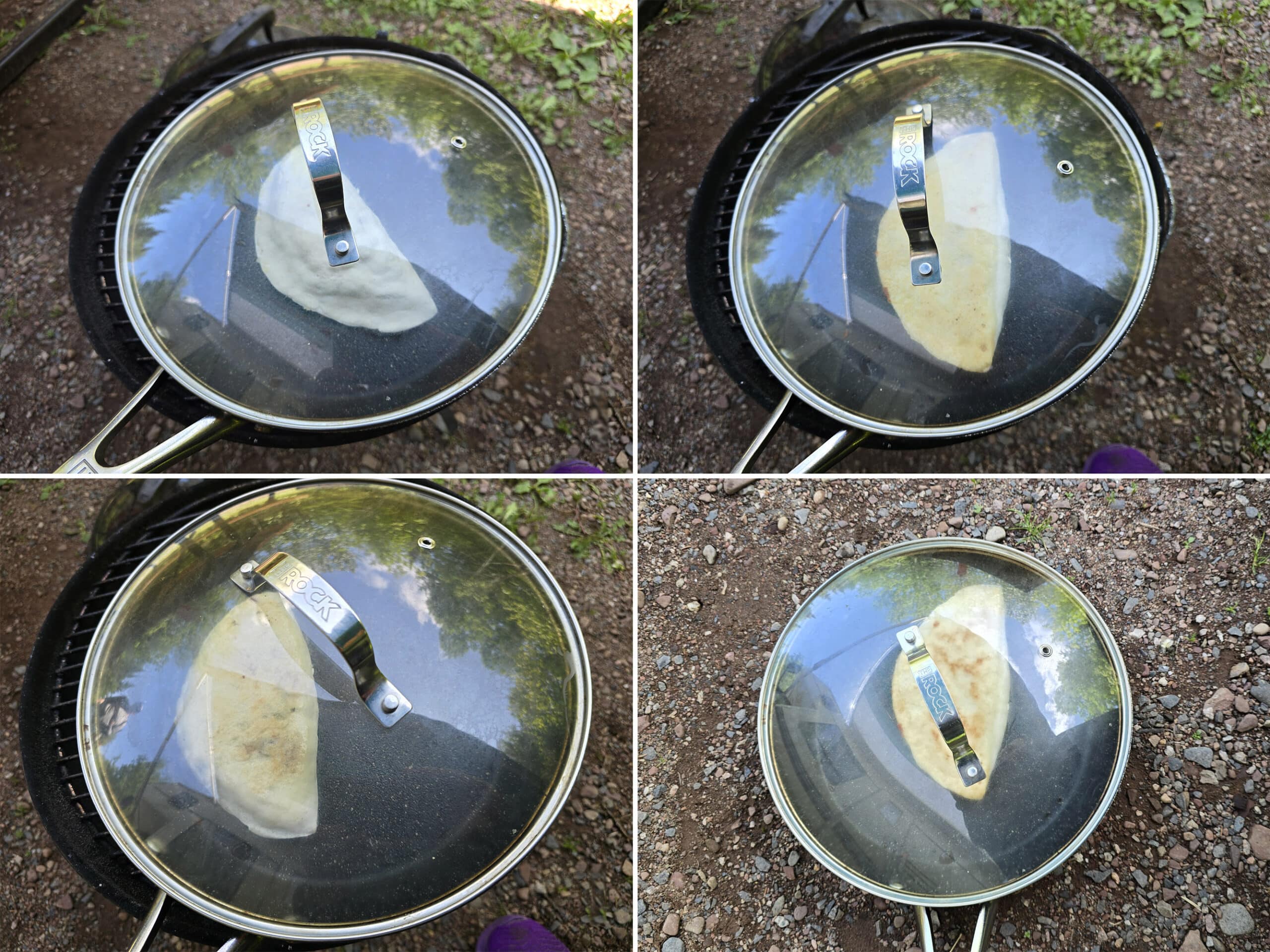 4 part image showing a calzone cooking in a cast iron pan over a charcoal grill.