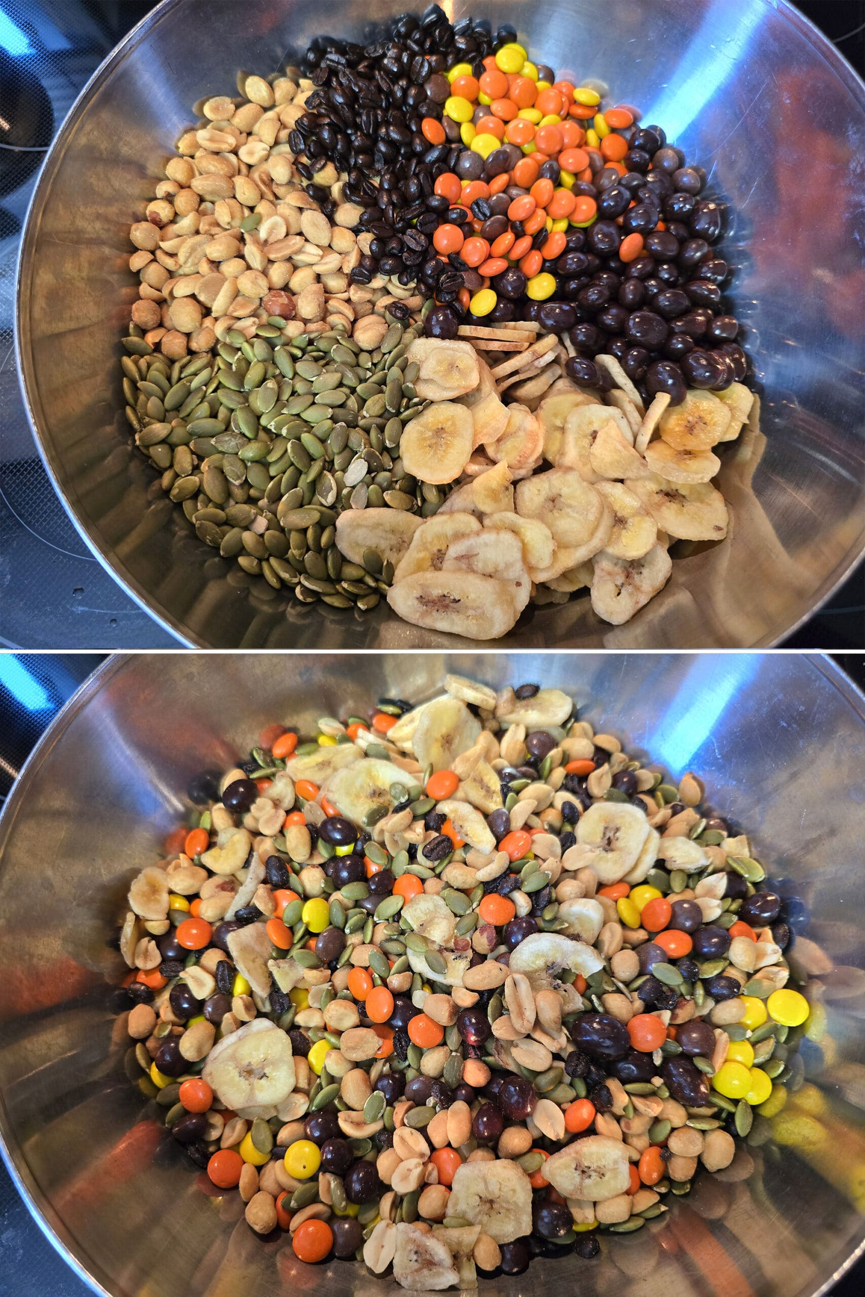 2 part image showing a batch of caffeinated trail mix being mixed in a large bowl.